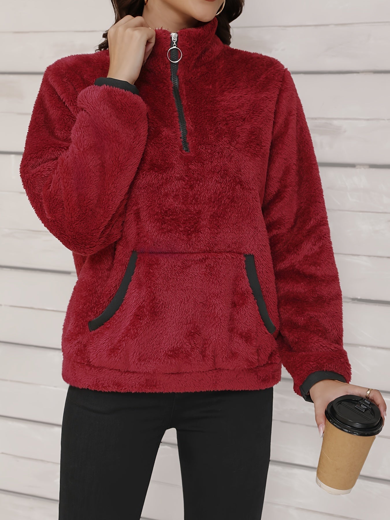 Comfortabele en stijlvolle casual fleece jas met half-zip en reverskraag voor herfst en winter afbeelding 2