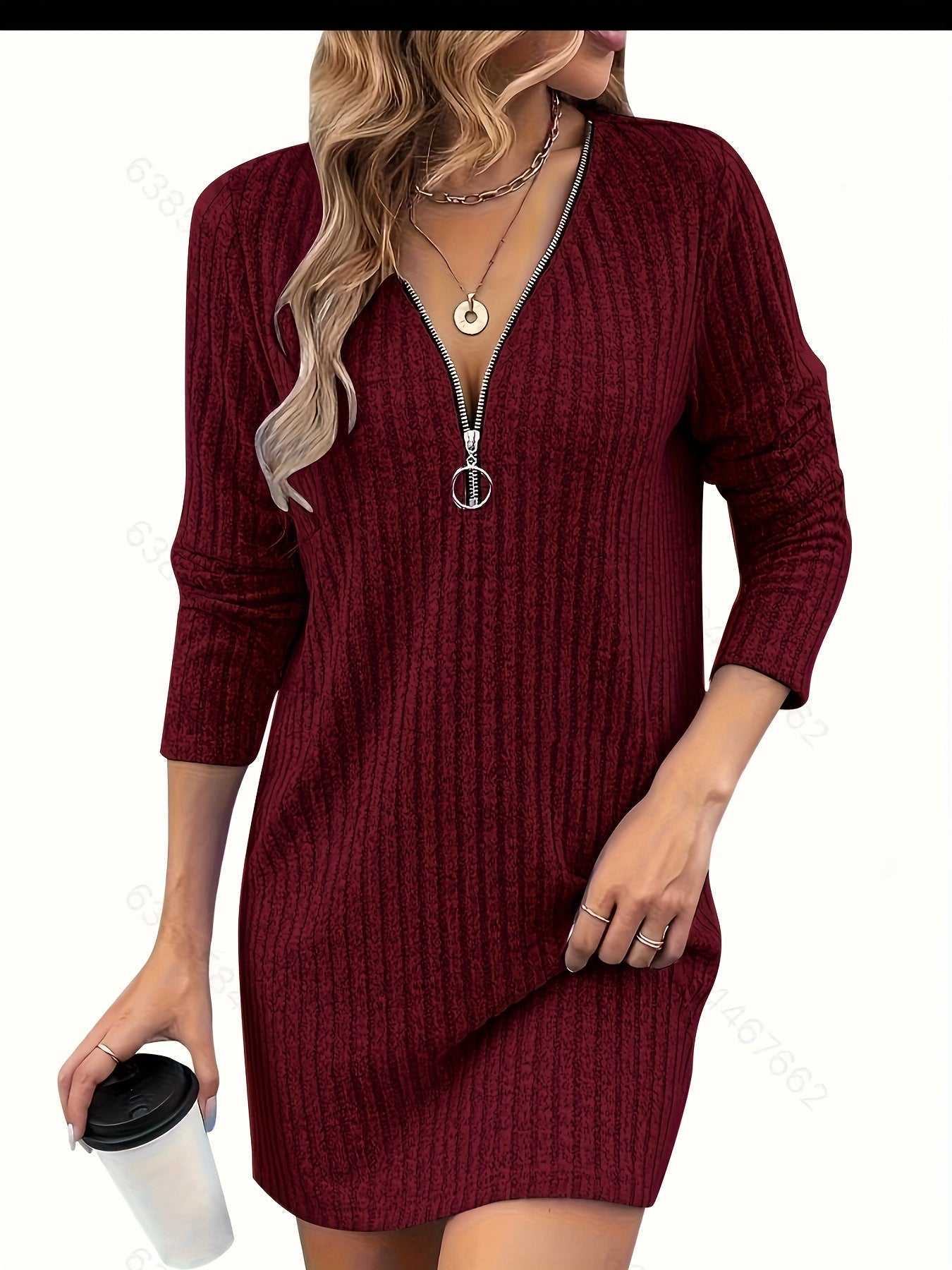 Stijlvolle breiwerk jurk met V-hals - perfect voor herfst en winter! afbeelding 3