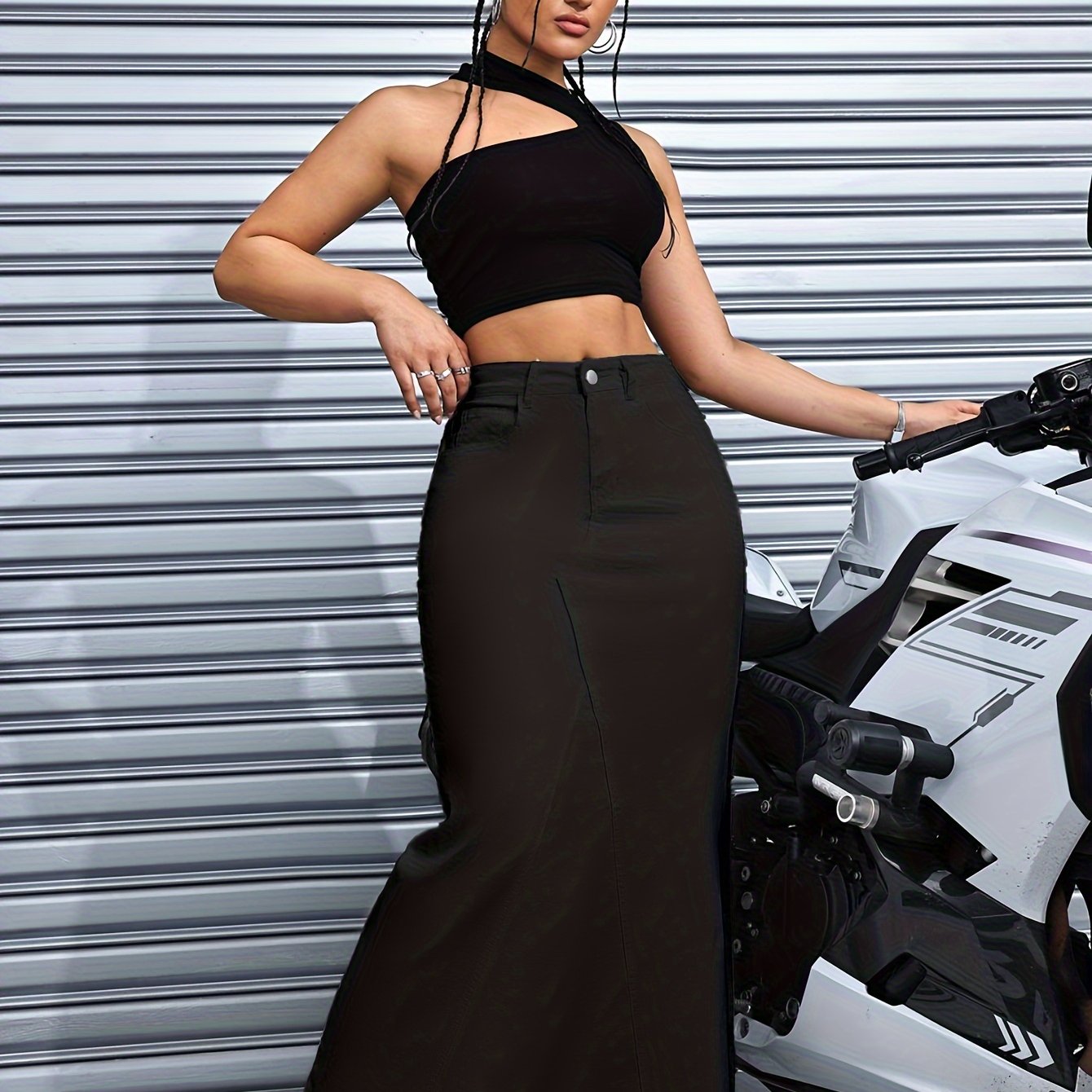 Zwarte denim maxi rok | Unieke, flexibele stijl | Perfect voor lente, zomer en herfst afbeelding 7