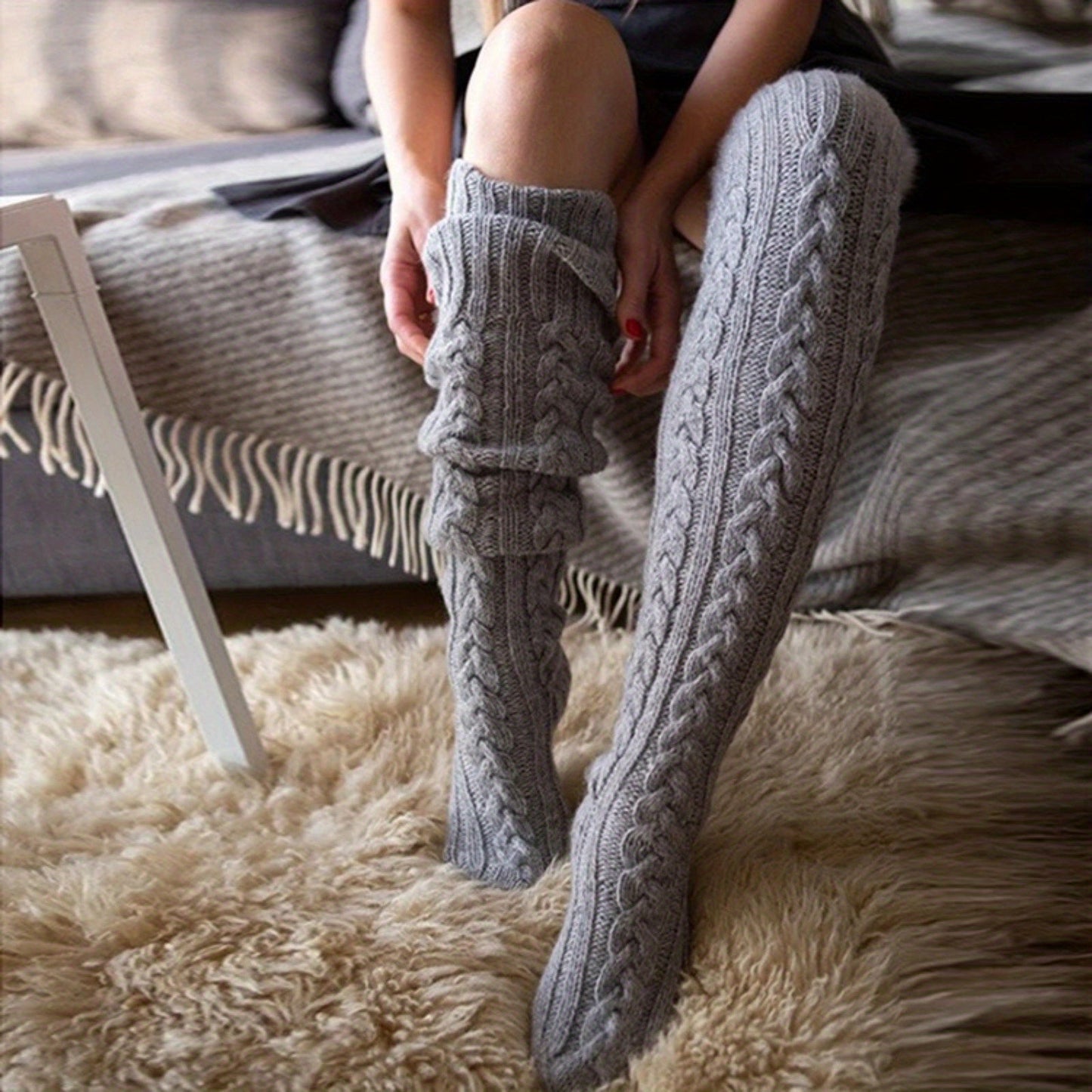 Effen Kleur Kabelbrei Sokken - Warm & Stijlvol voor de Winter! Ontdek de 100% Acryl Collectie afbeelding 6