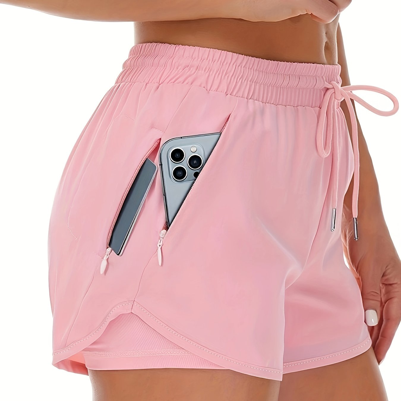Sportieve 2-in-1 hardloopfitnessshort in effen kleur met meerdere zakken afbeelding 15