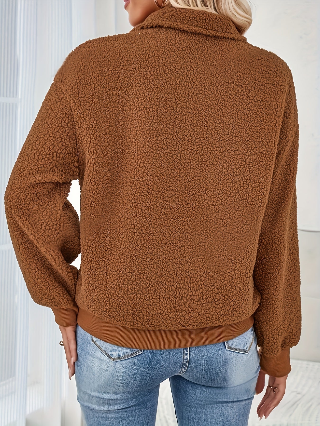 Bruin Fleece Dames Sweatshirt met Rits en Opstaande Kraag - Stijlvol en Comfortabel voor Herfst en Winter afbeelding 3