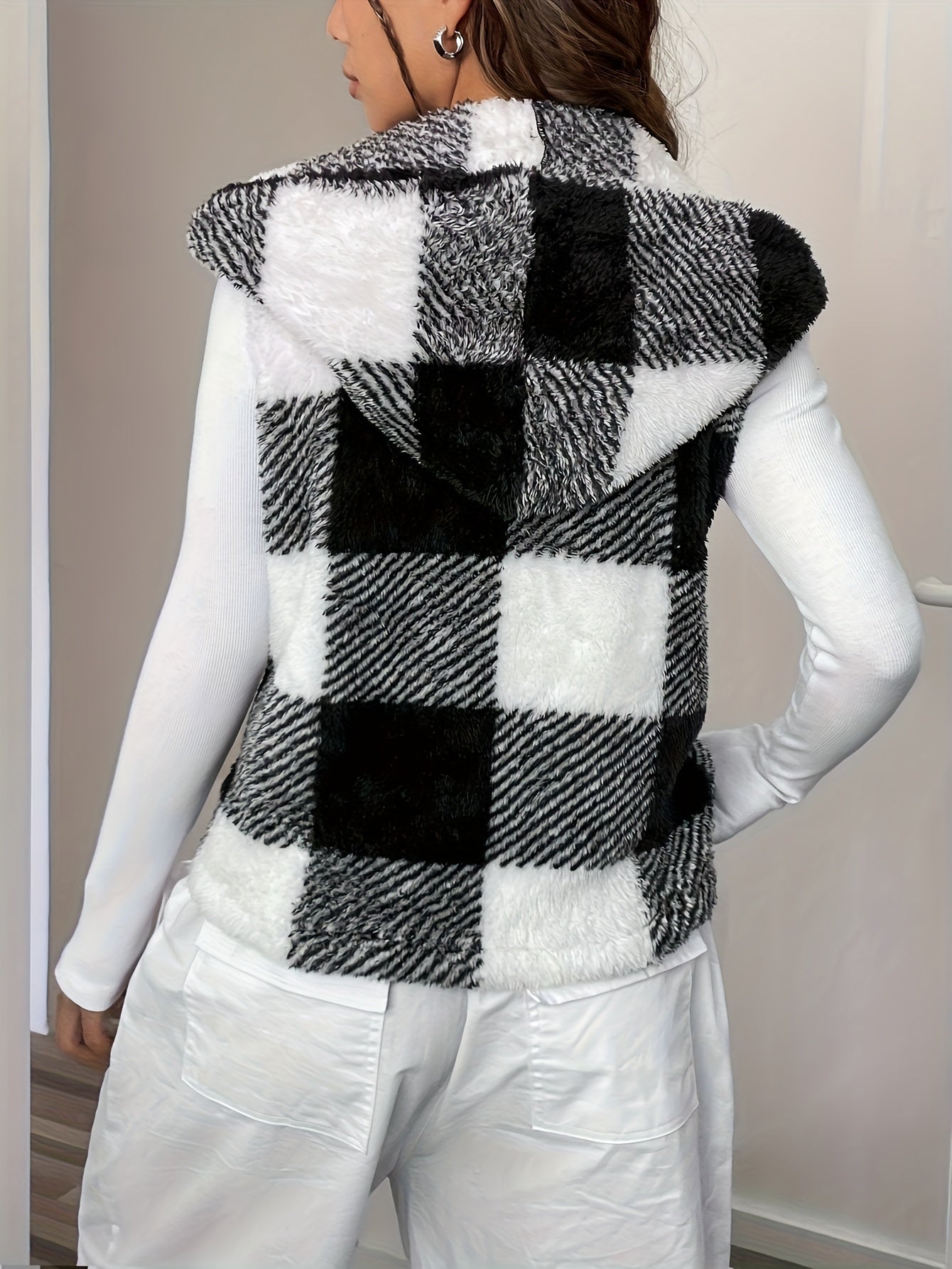 Warm geruit capuchonvest van katoenmix voor herfst en winter afbeelding 3