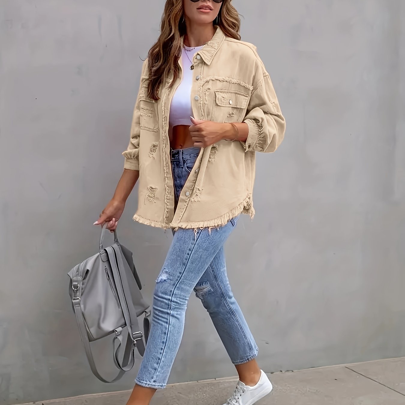 Plus size denim jas met gescheurde zoom - Vintage look voor de lente en zomer afbeelding 20