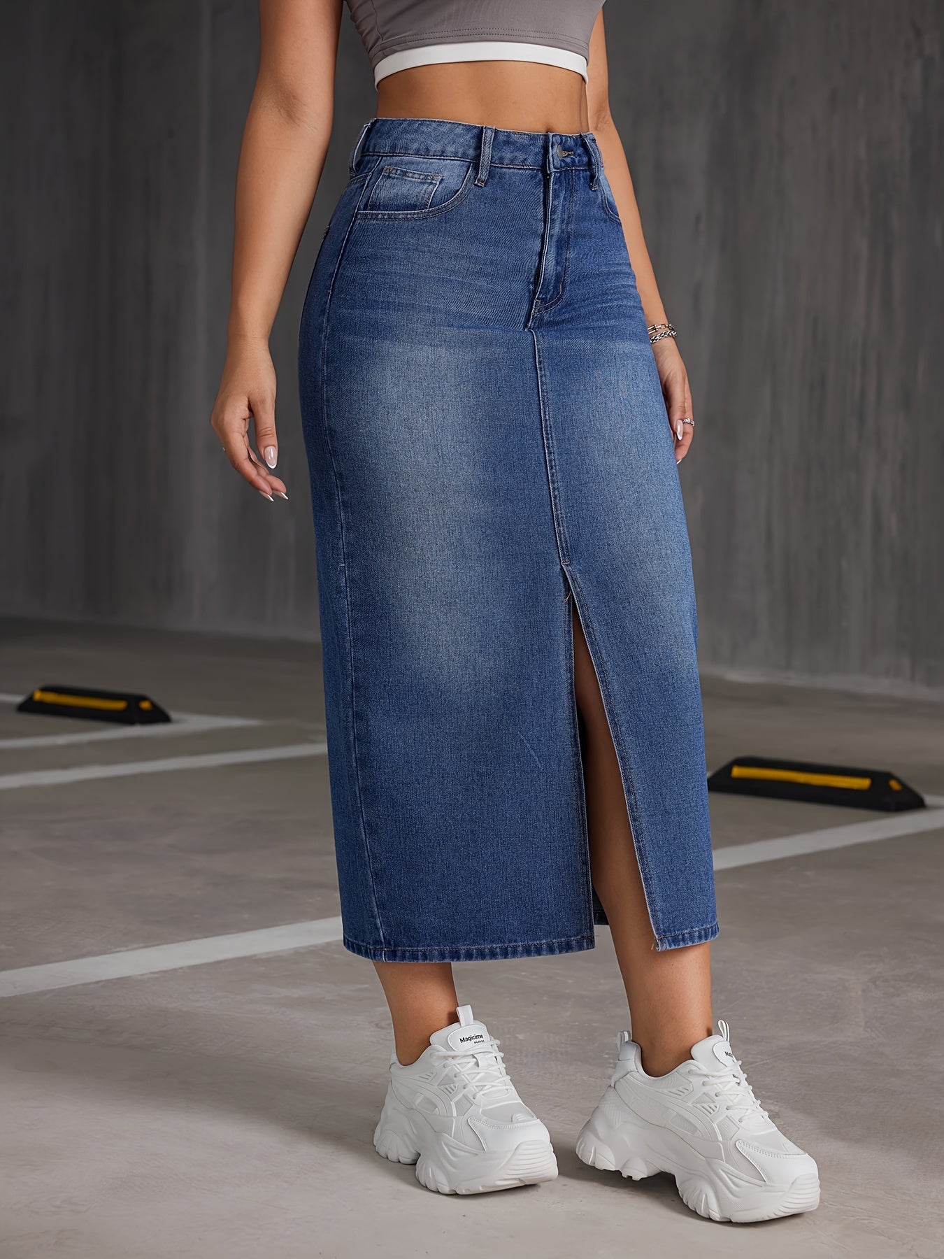 Denim midi-rok met hoge taille en split - tijdloze elegantie voor elke gelegenheid afbeelding 5