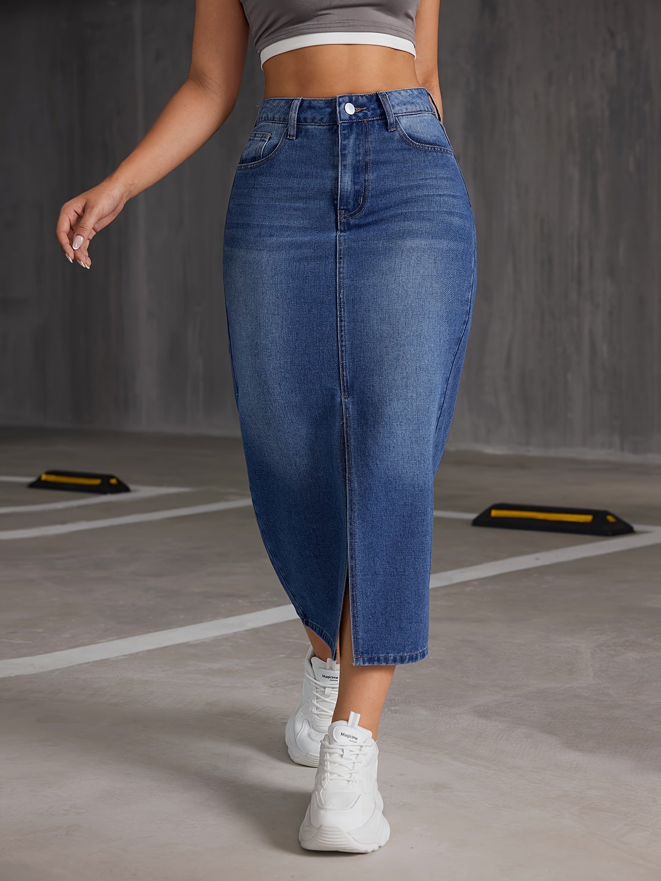 Denim midi-rok met hoge taille en split - tijdloze elegantie voor elke gelegenheid afbeelding 4