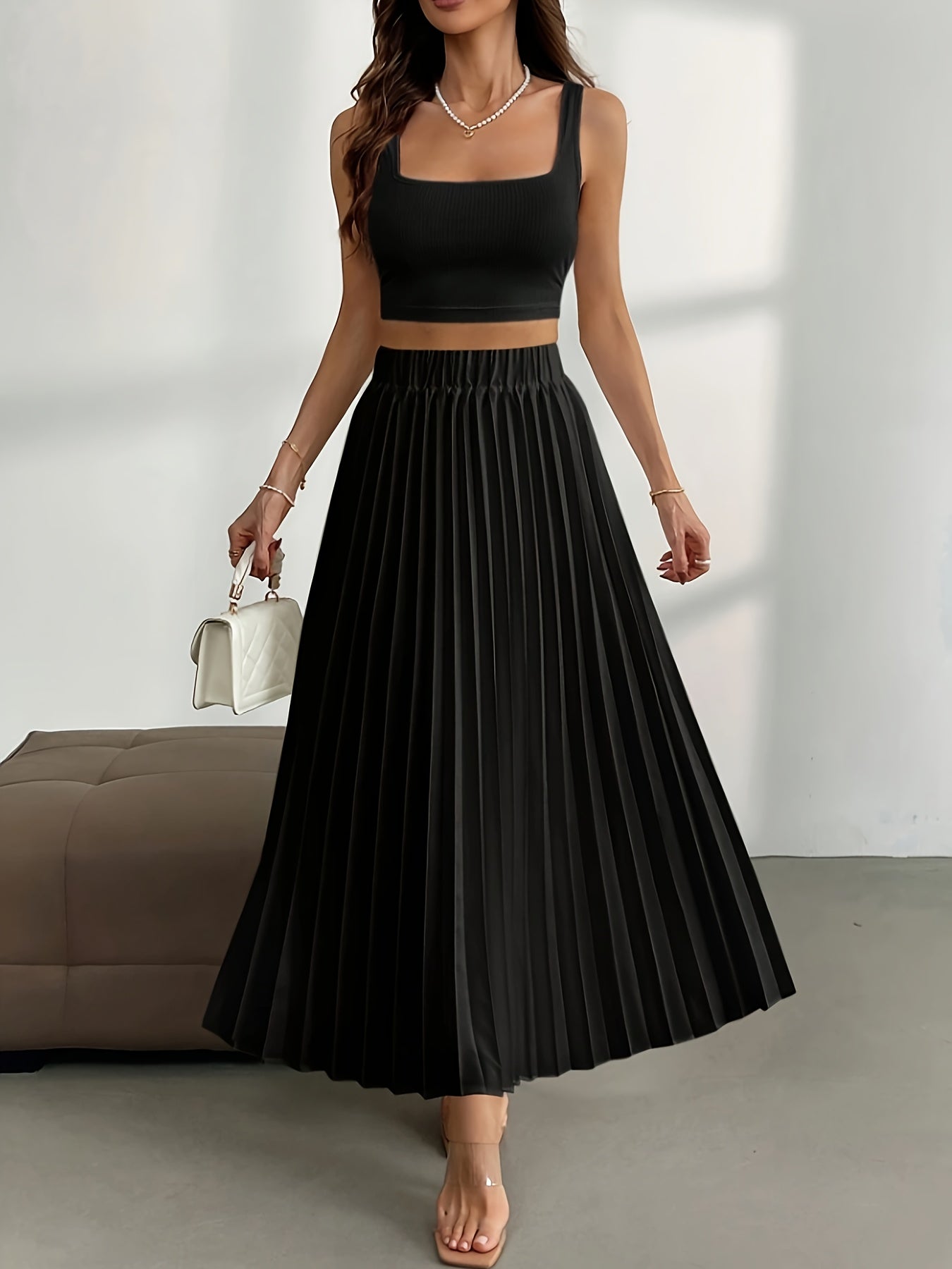 Hoge taille effen geplooide rok | Comfortabele en duurzame katoenmix | Voor elke gelegenheid | Flatterende pasvorm afbeelding 2