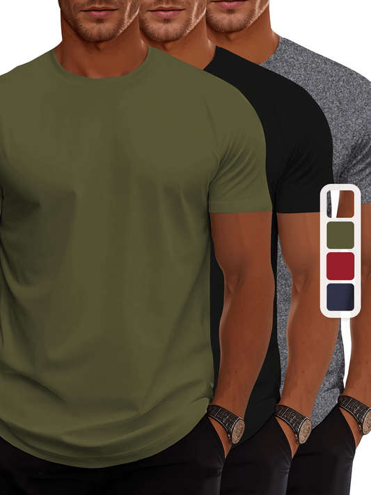 3-pack heren T-shirts met korte mouw, zomerse effen kleur