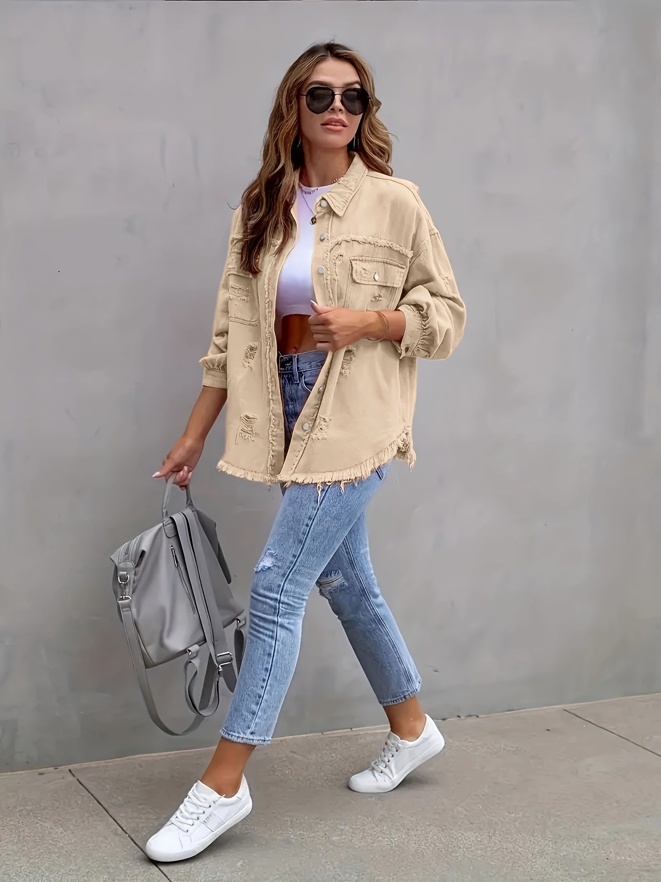 Plus size denim jas met gescheurde zoom - Vintage look voor de lente en zomer afbeelding 10