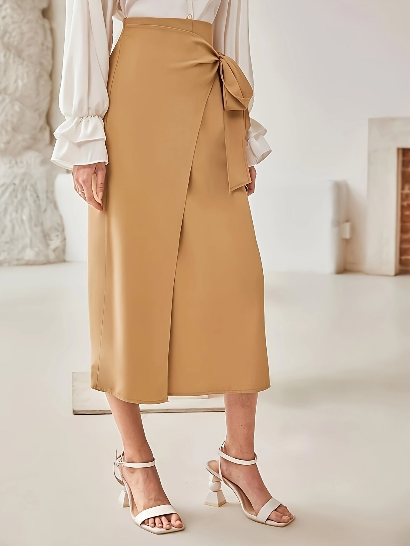 Effen wikkelrok met strik en hoge taille - Stijlvol en veelzijdig voor iedere gelegenheid afbeelding 4