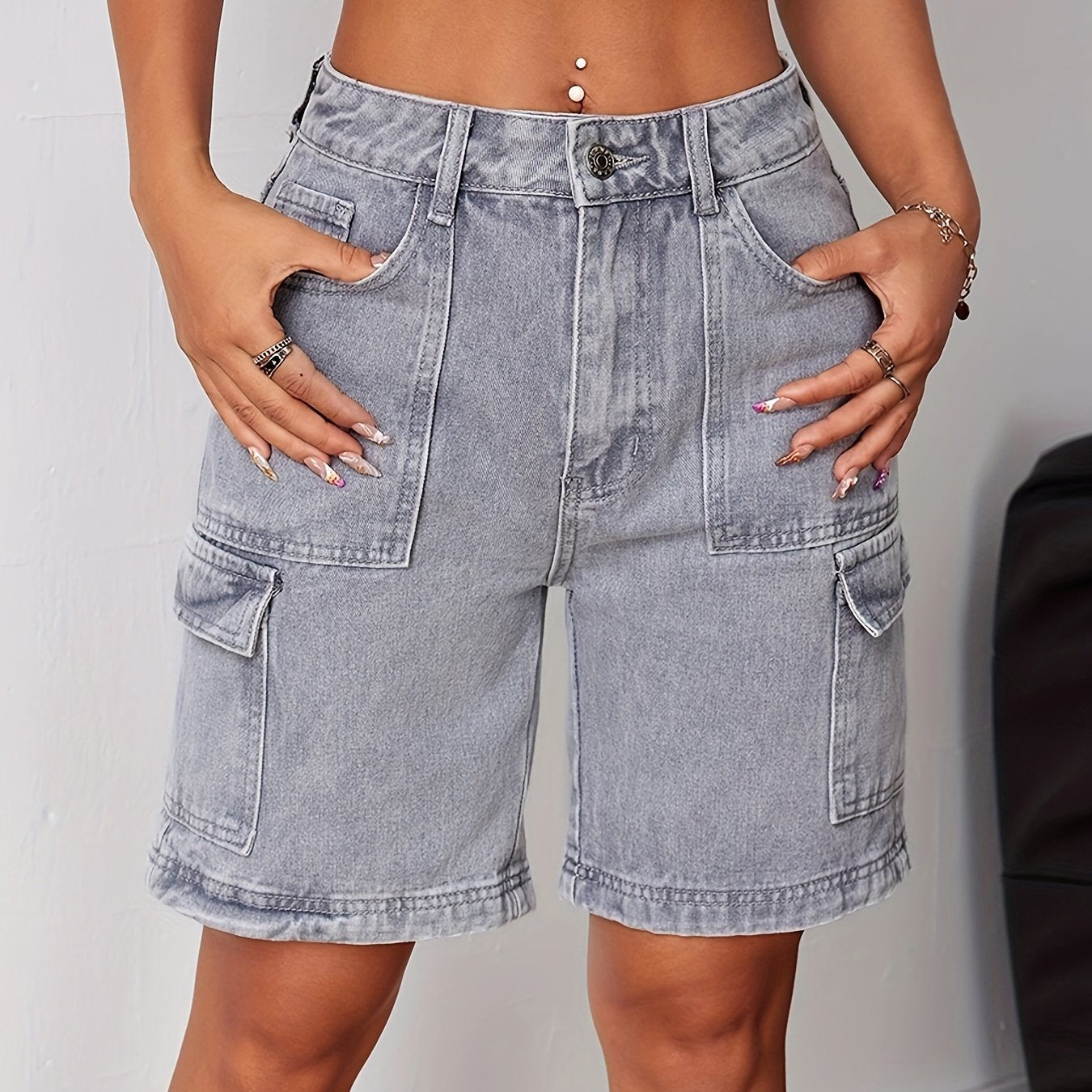 Trendy grijze denim cargoshort met hoge taille - Perfect voor de zomer! afbeelding 8