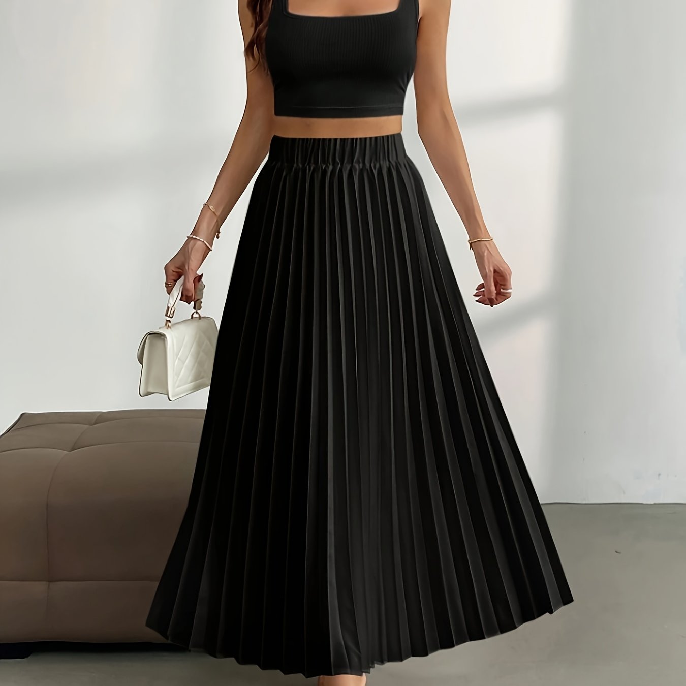 Hoge taille effen geplooide rok | Comfortabele en duurzame katoenmix | Voor elke gelegenheid | Flatterende pasvorm afbeelding 7