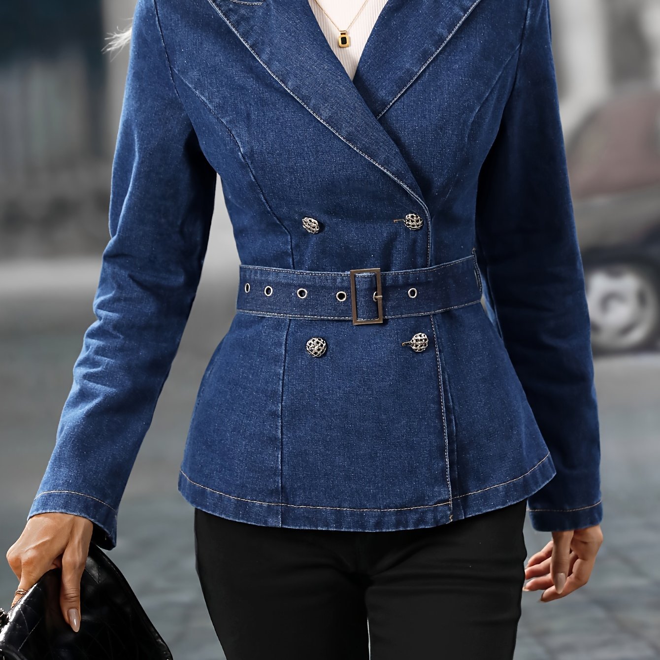 Modieuze verstelbare denim jas in donkerblauw - lente- & herfstessential afbeelding 7