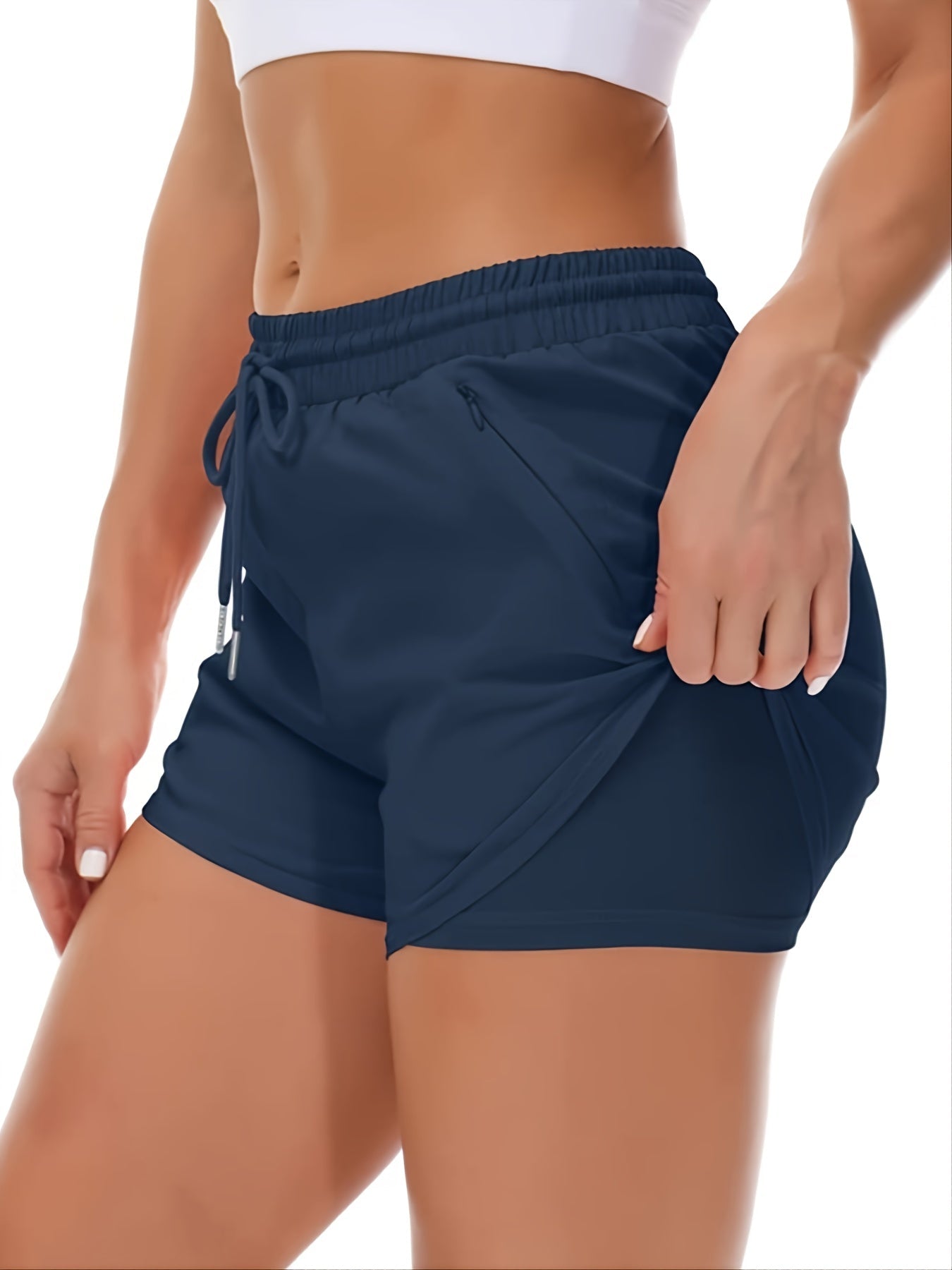 Sportieve 2-in-1 hardloopfitnessshort in effen kleur met meerdere zakken afbeelding 8