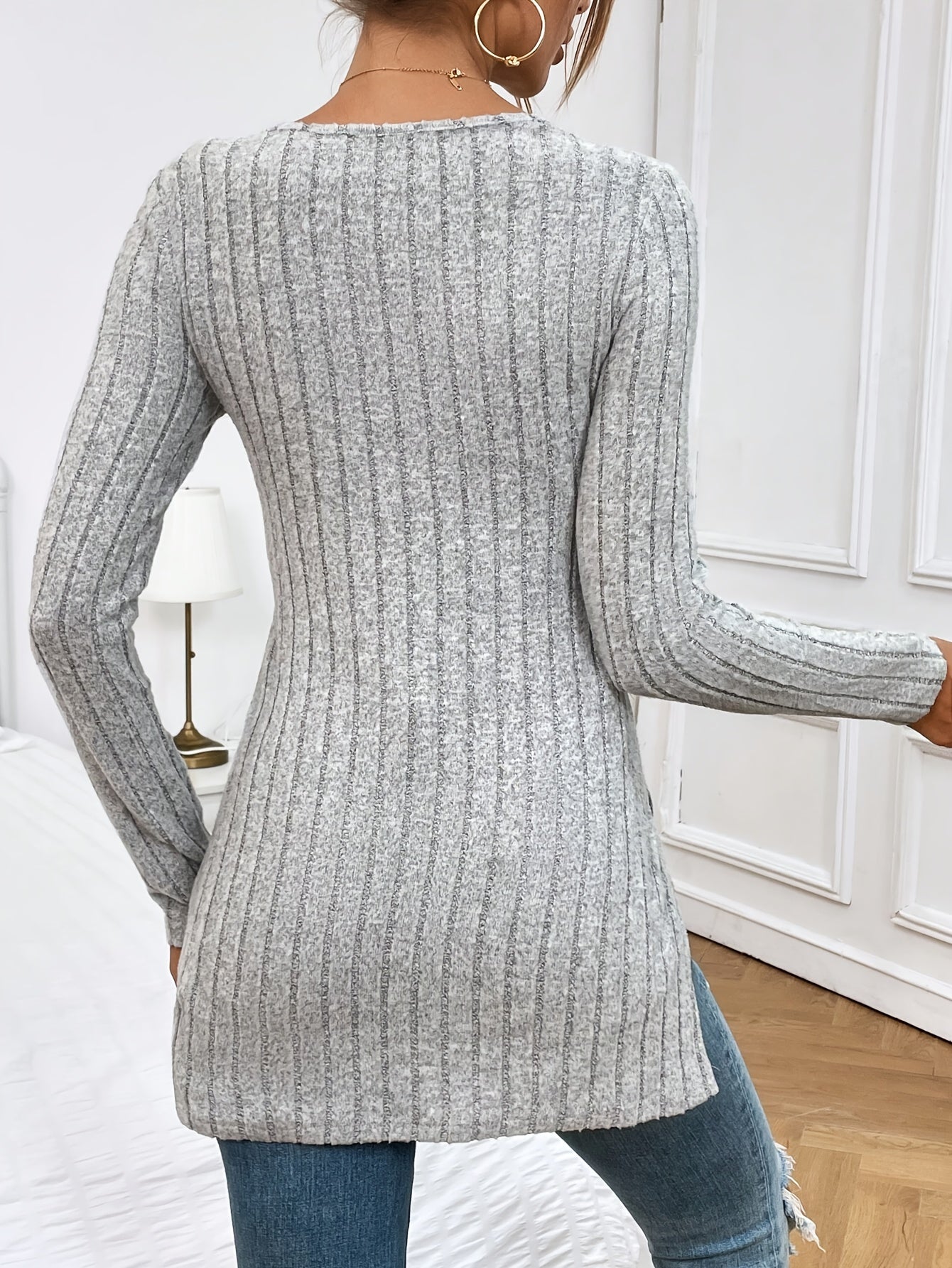 Stijlvolle effen V-hals tuniek: comfortabele en veelzijdige lente- en herfstkleding van hoogwaardige katoenmix! afbeelding 3