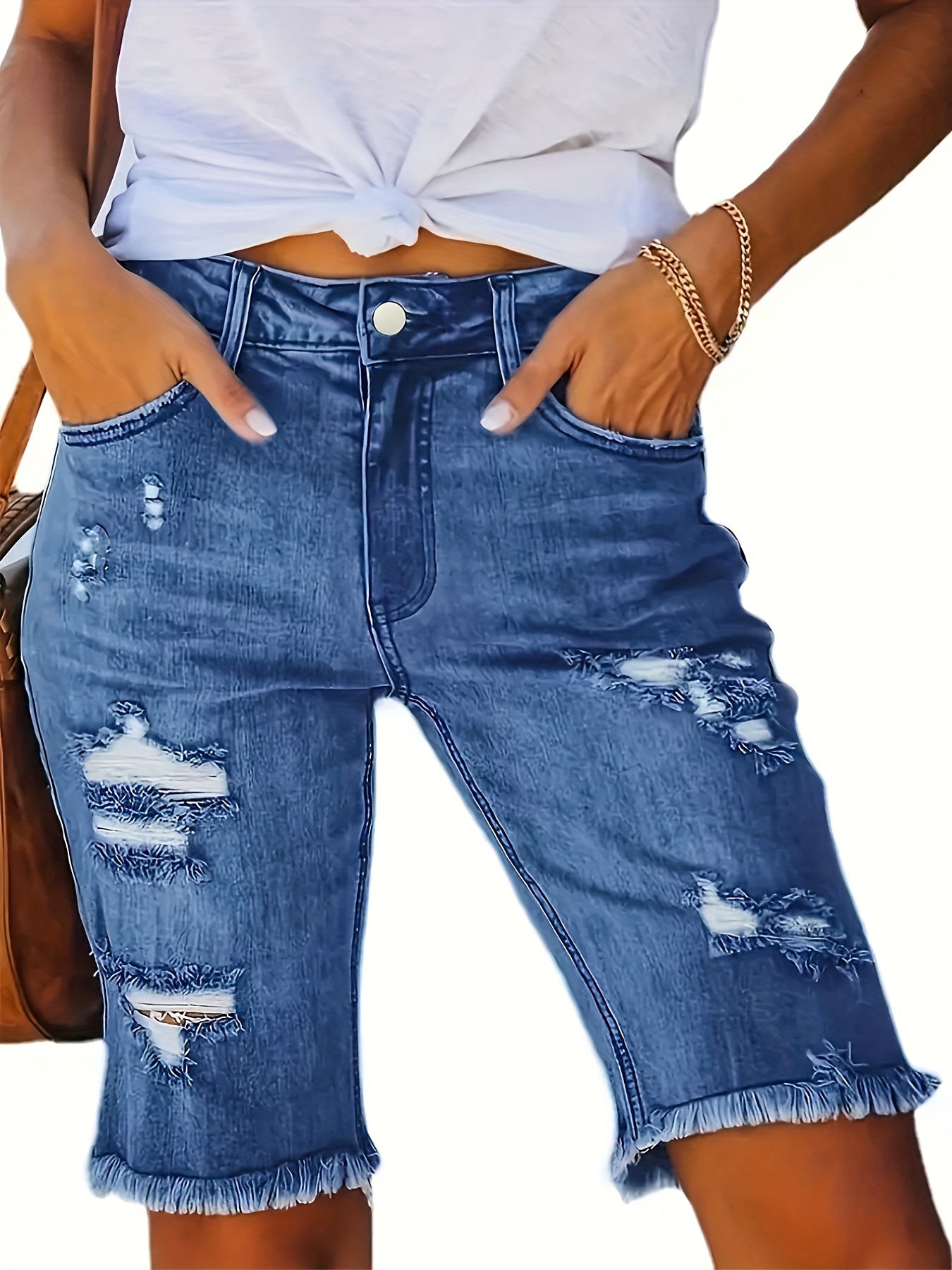 Hoge taille gescheurde spijkerbroek shorts - perfect voor de lente en zomer! afbeelding 8