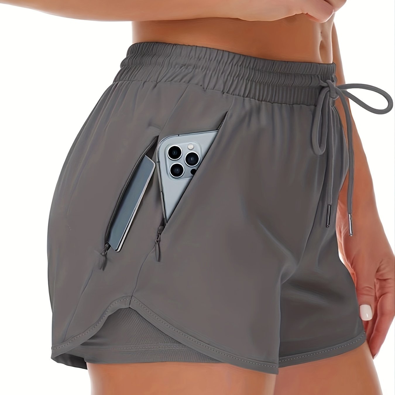 Sportieve 2-in-1 hardloopfitnessshort in effen kleur met meerdere zakken afbeelding 14