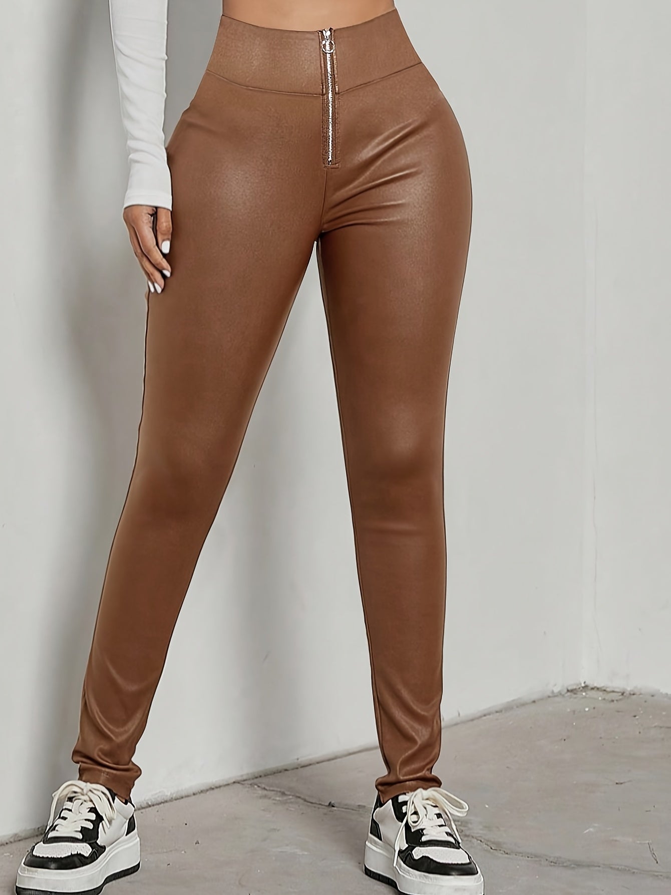 Stijlvolle hoge taille PU leren broek met warme voering - shop nu! afbeelding 2