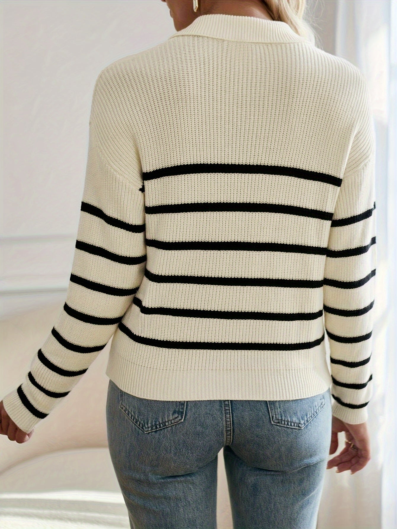 Gestreepte casual trui met rits en verlaagde schouders - Comfortabel en stijlvol voor herfst en winter afbeelding 2