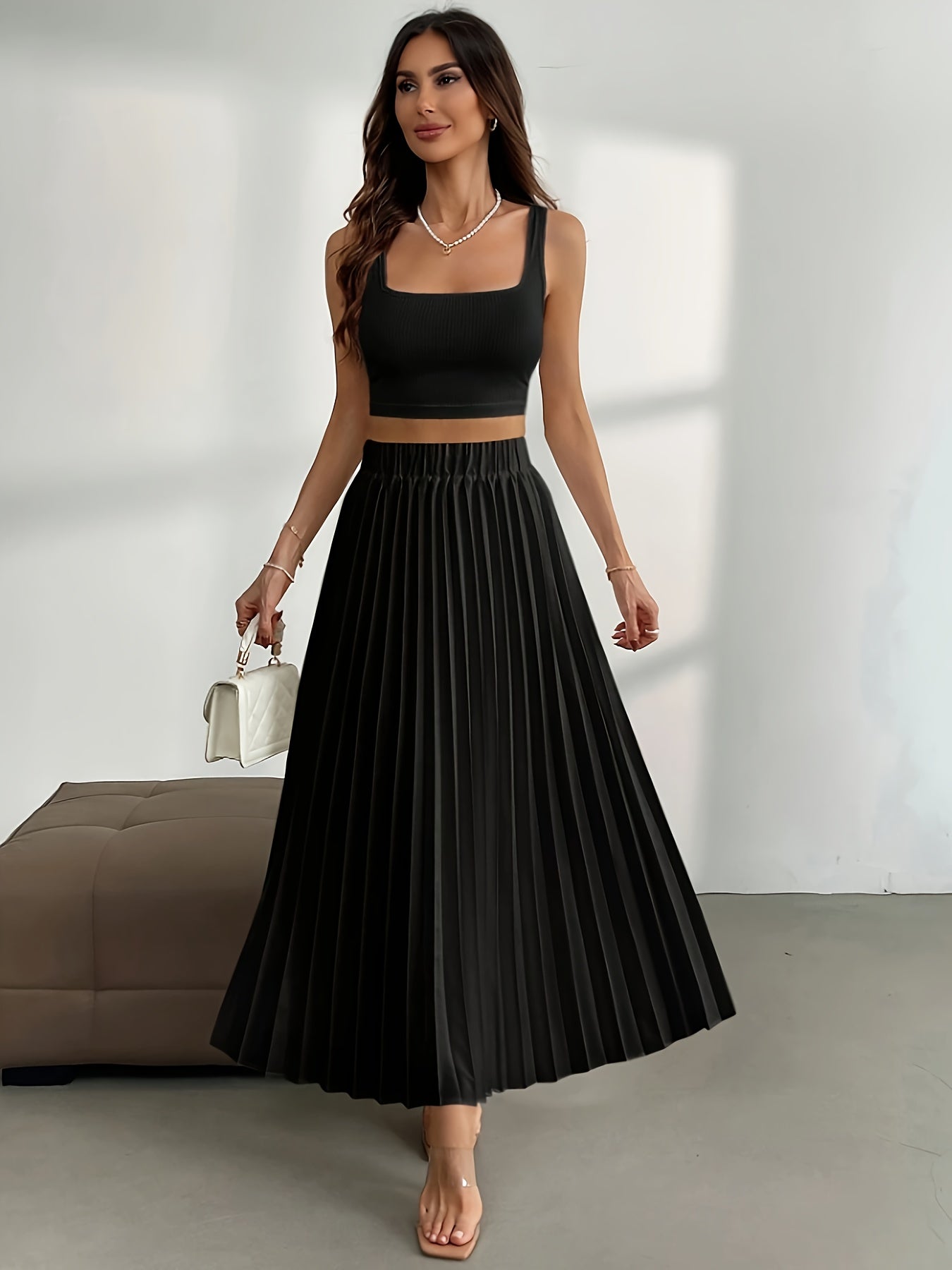 Hoge taille effen geplooide rok | Comfortabele en duurzame katoenmix | Voor elke gelegenheid | Flatterende pasvorm afbeelding 6