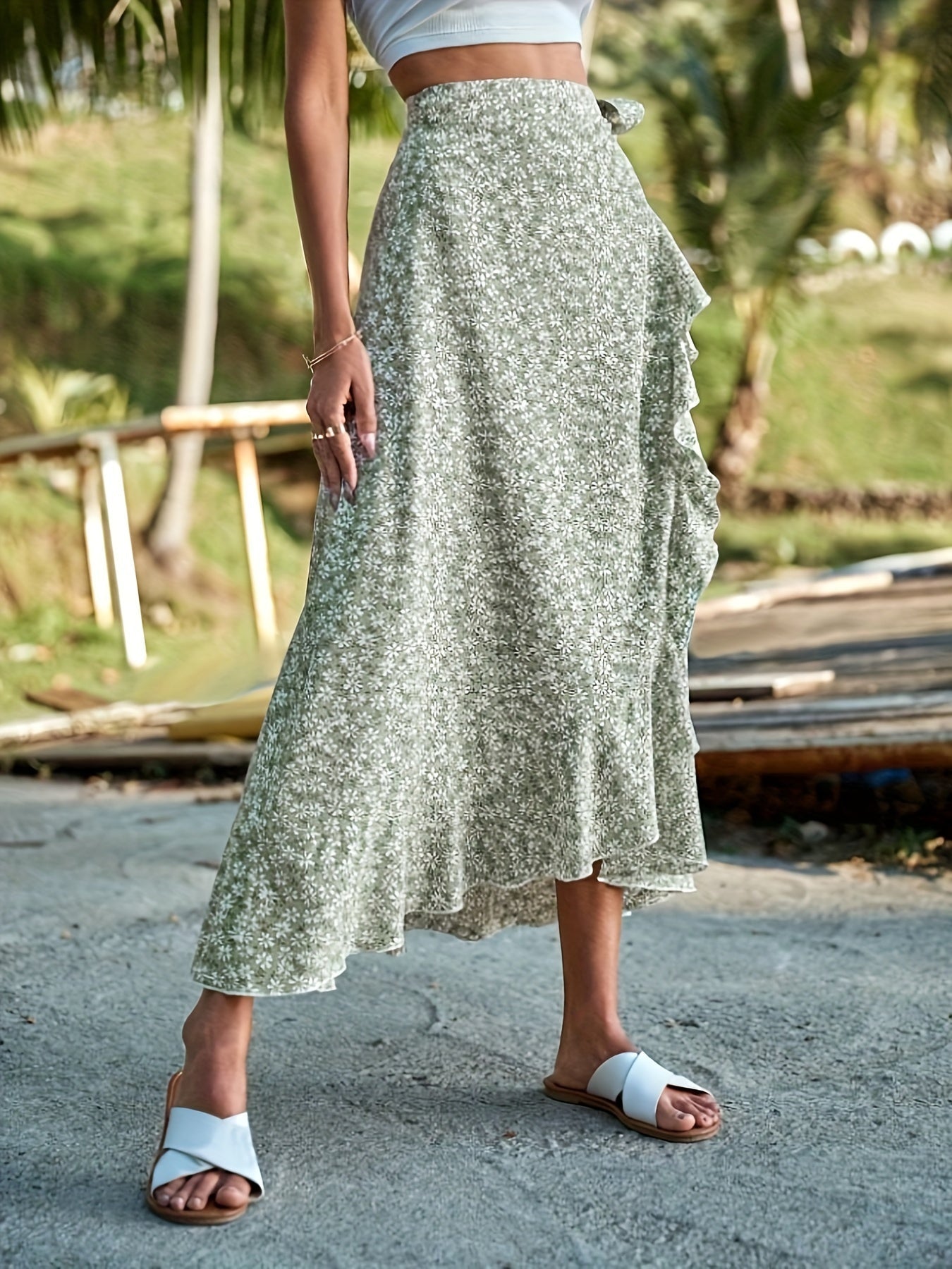 Stijlvolle wikkelrok met bloemenprint en ruches - perfect voor elke gelegenheid afbeelding 4