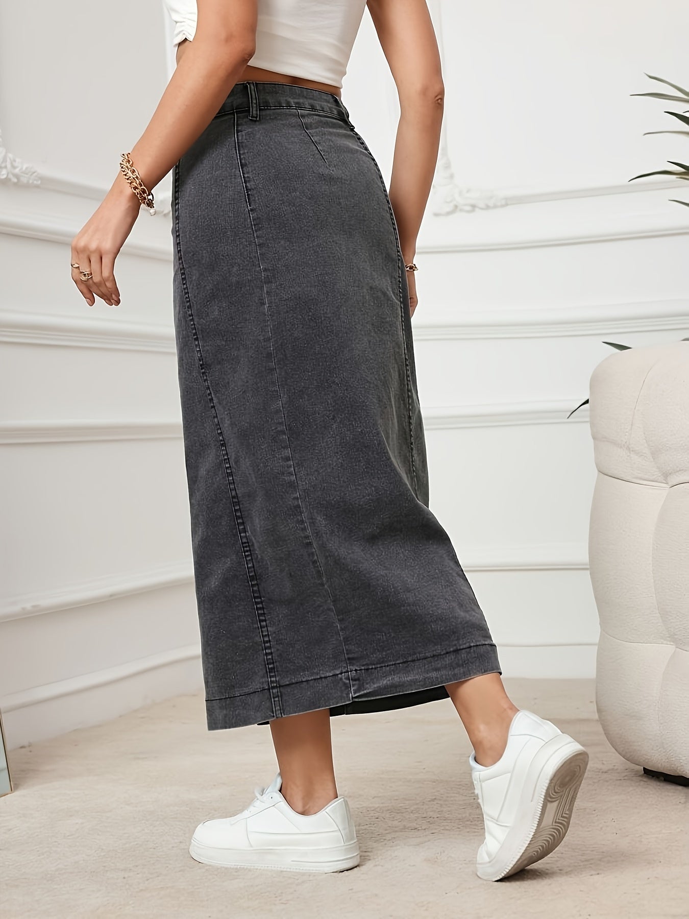 Effen gewassen hoge taille maxi denim rok | Comfortabele regular fit | Must-have voor je garderobe | Combineer voor elke gelegenheid afbeelding 3