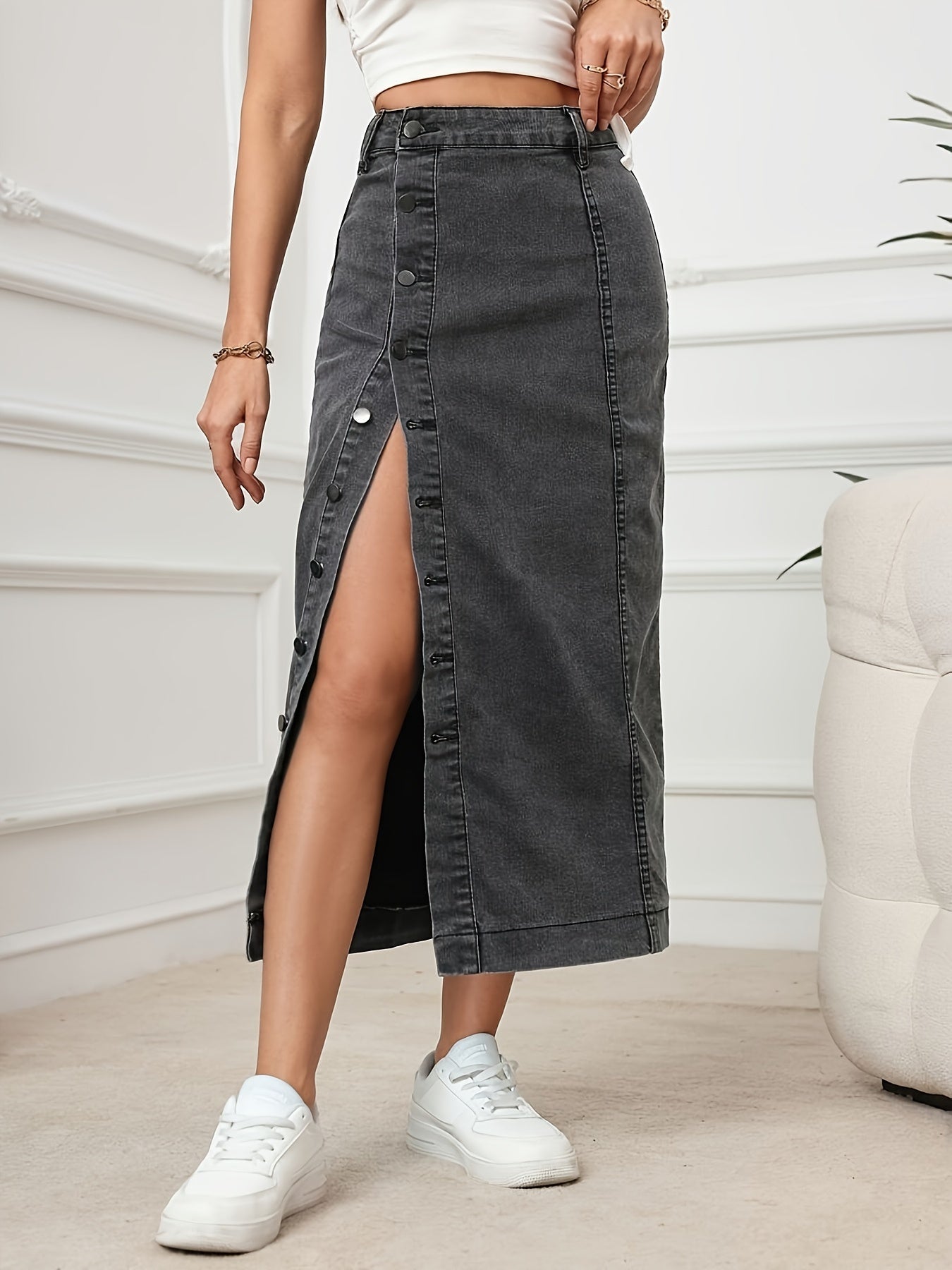 Effen gewassen hoge taille maxi denim rok | Comfortabele regular fit | Must-have voor je garderobe | Combineer voor elke gelegenheid afbeelding 5