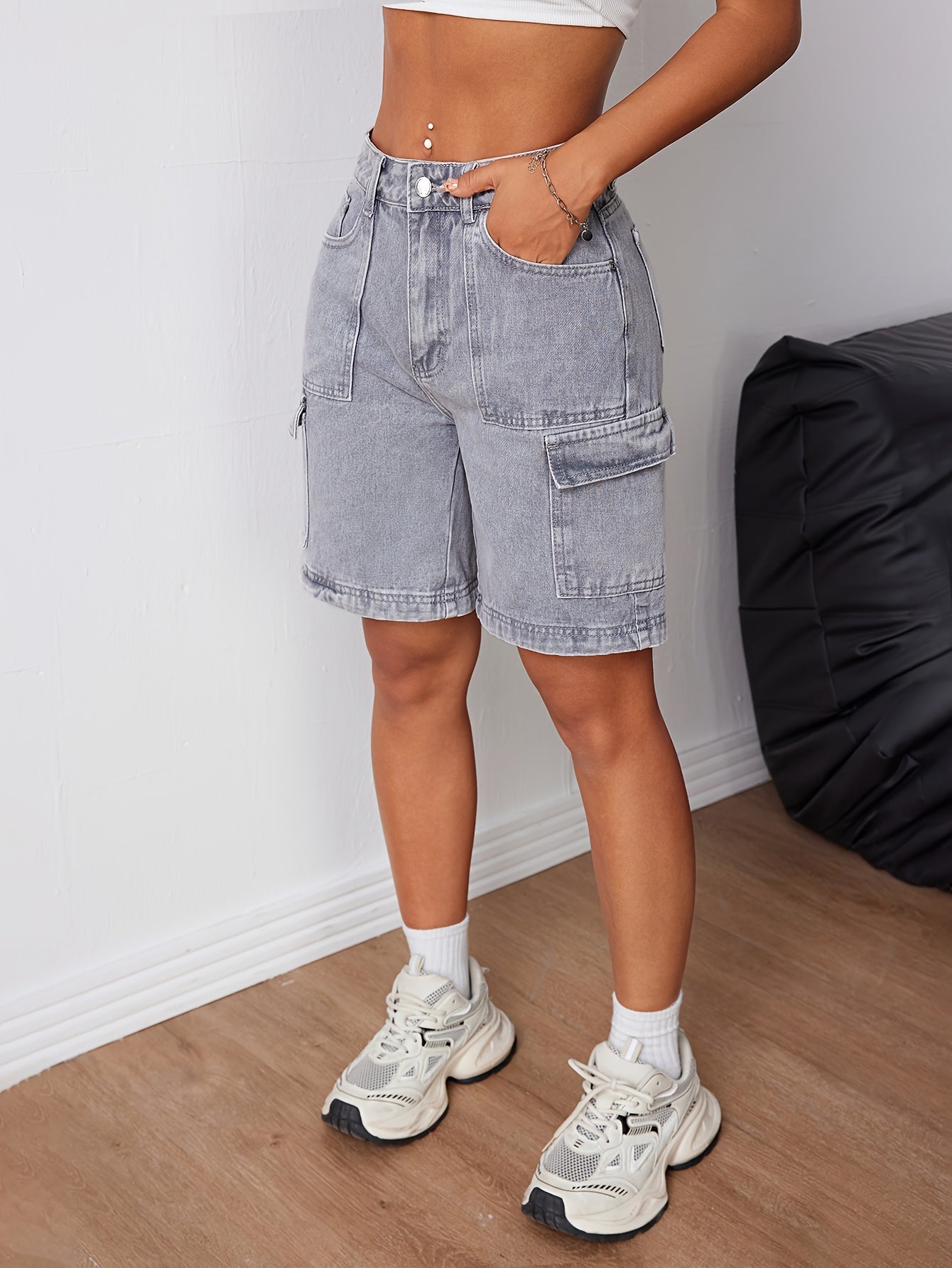 Trendy grijze denim cargoshort met hoge taille - Perfect voor de zomer! afbeelding 7