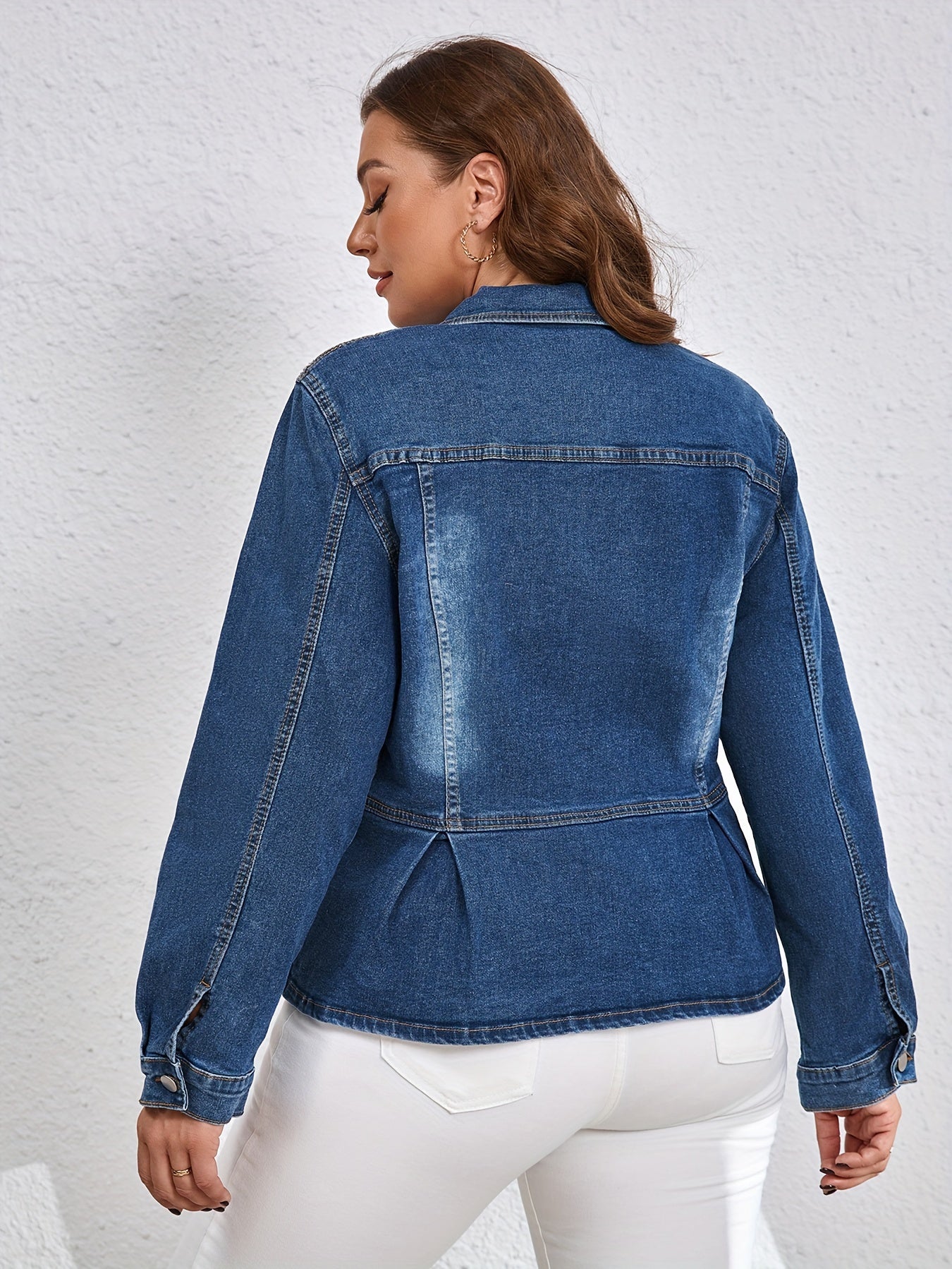 Plus size denim jas met ruches | Trendy & Comfortabel | Blauw | Lente & Herfst afbeelding 4