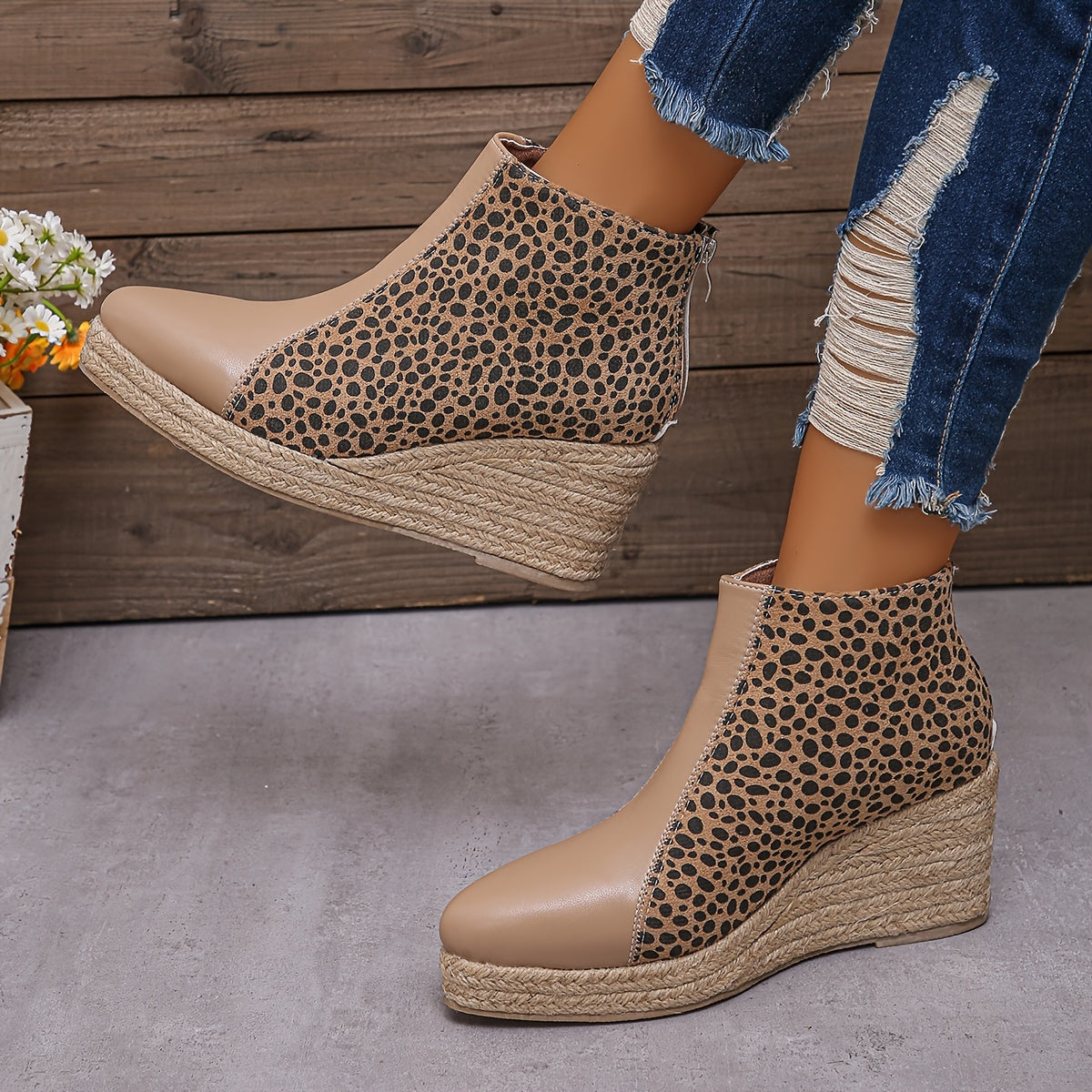 Trendy en comfortabele waterdichte luipaardprint enkellaarzen met blokhak afbeelding 4