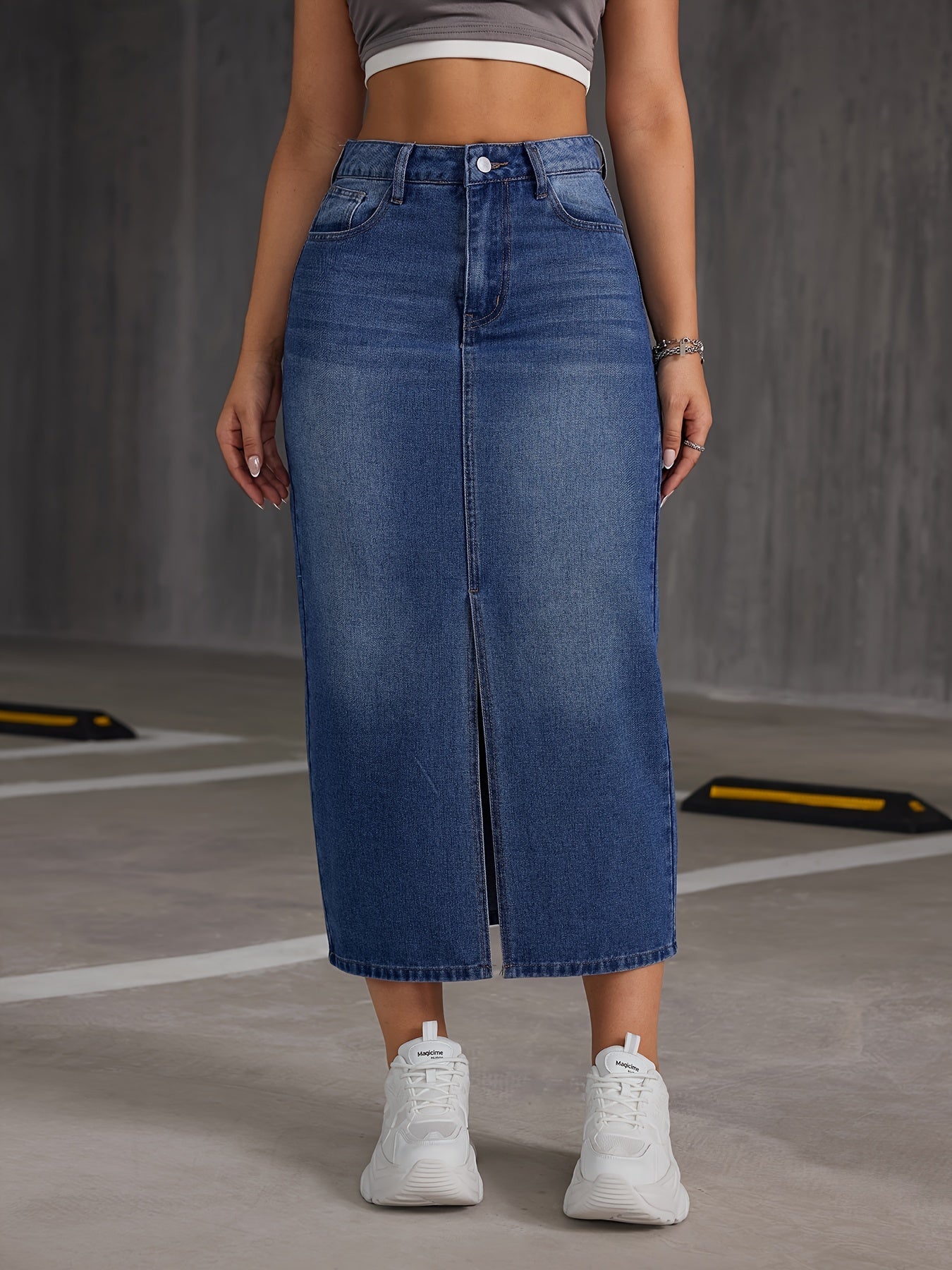 Denim midi-rok met hoge taille en split - tijdloze elegantie voor elke gelegenheid afbeelding 2