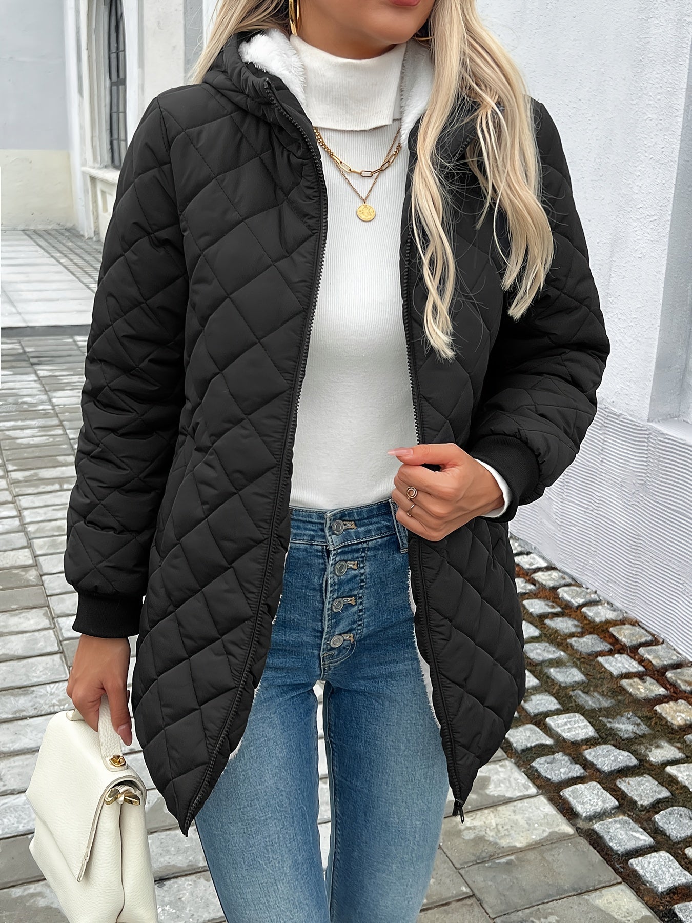 Stijlvolle gewatteerde puffy jas met imitatie bontvoering | Warme halflange winterjas voor herfst en winter afbeelding 5