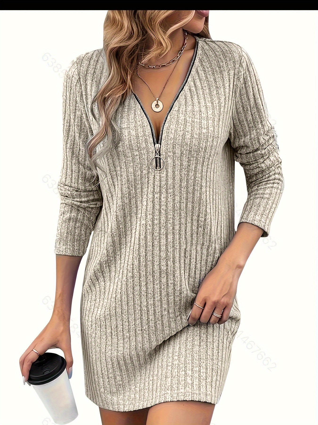 Stijlvolle breiwerk jurk met V-hals - perfect voor herfst en winter! afbeelding 2