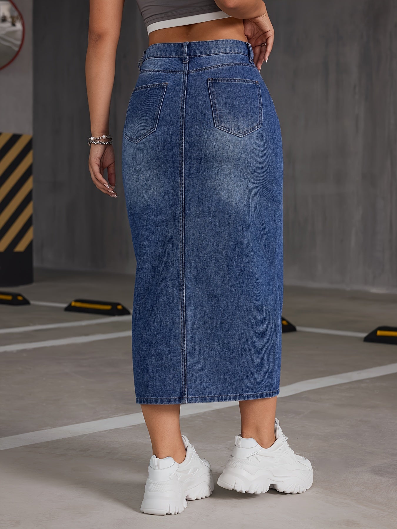 Denim midi-rok met hoge taille en split - tijdloze elegantie voor elke gelegenheid afbeelding 3