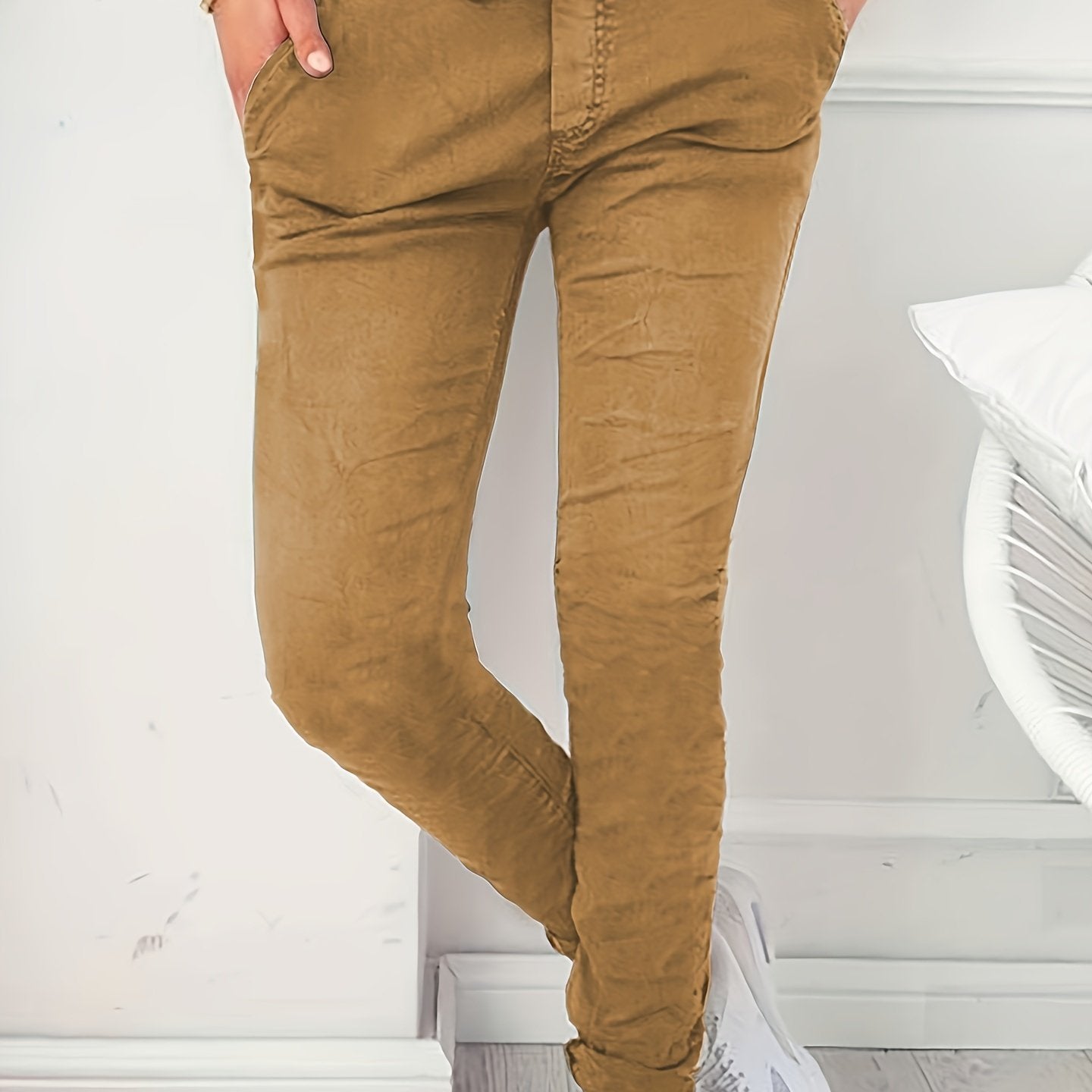 Casual effenkleurige broek met trekkoord afbeelding 13