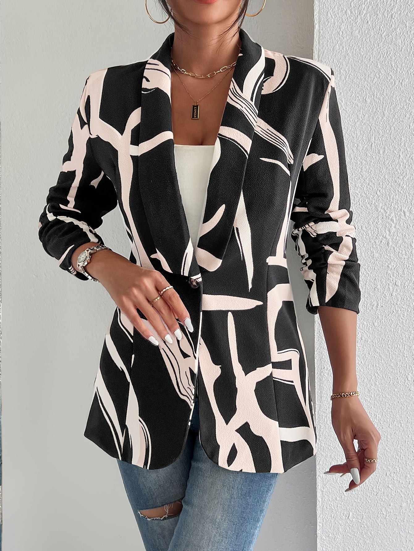 Elegante herenblazer met abstracte print en revers: modern en comfortabel! Ontdek de stijlvolle toevoeging aan je garderobe met perfecte pasvorm. Shop nu! afbeelding 3