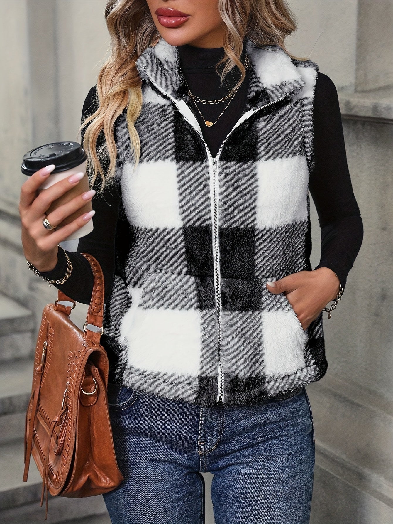 Stijlvolle geruite fuzzy vest jas voor herfst en winter - Volwassenen - Warme en elegante toevoeging aan elke outfit afbeelding 2