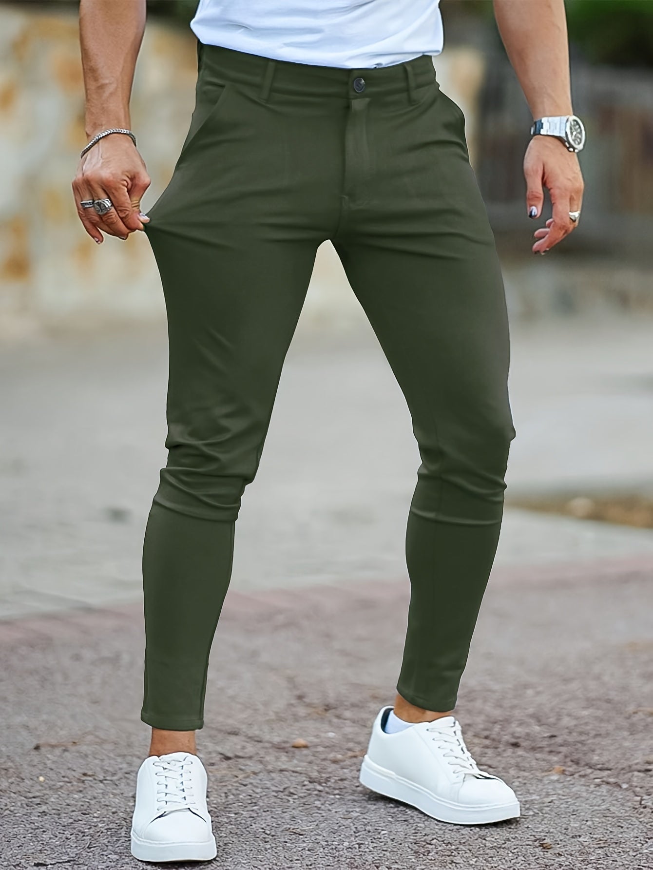 Casual skinny fit chino met medium stretch en effen kleur