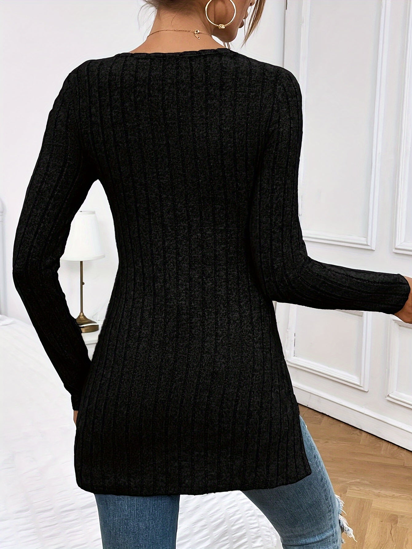 Stijlvolle effen V-hals tuniek: comfortabele en veelzijdige lente- en herfstkleding van hoogwaardige katoenmix! afbeelding 4