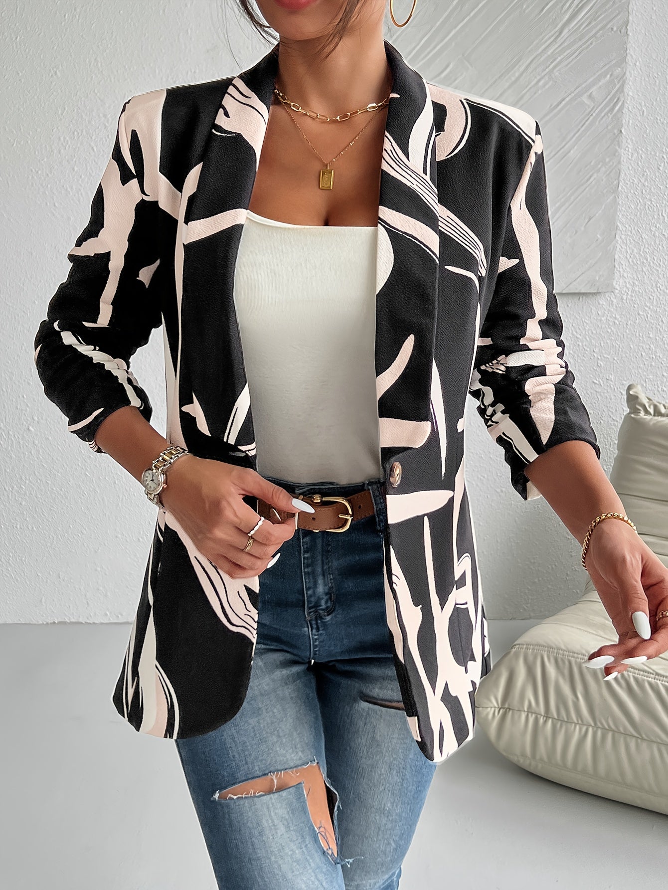 Elegante herenblazer met abstracte print en revers: modern en comfortabel! Ontdek de stijlvolle toevoeging aan je garderobe met perfecte pasvorm. Shop nu! afbeelding 5