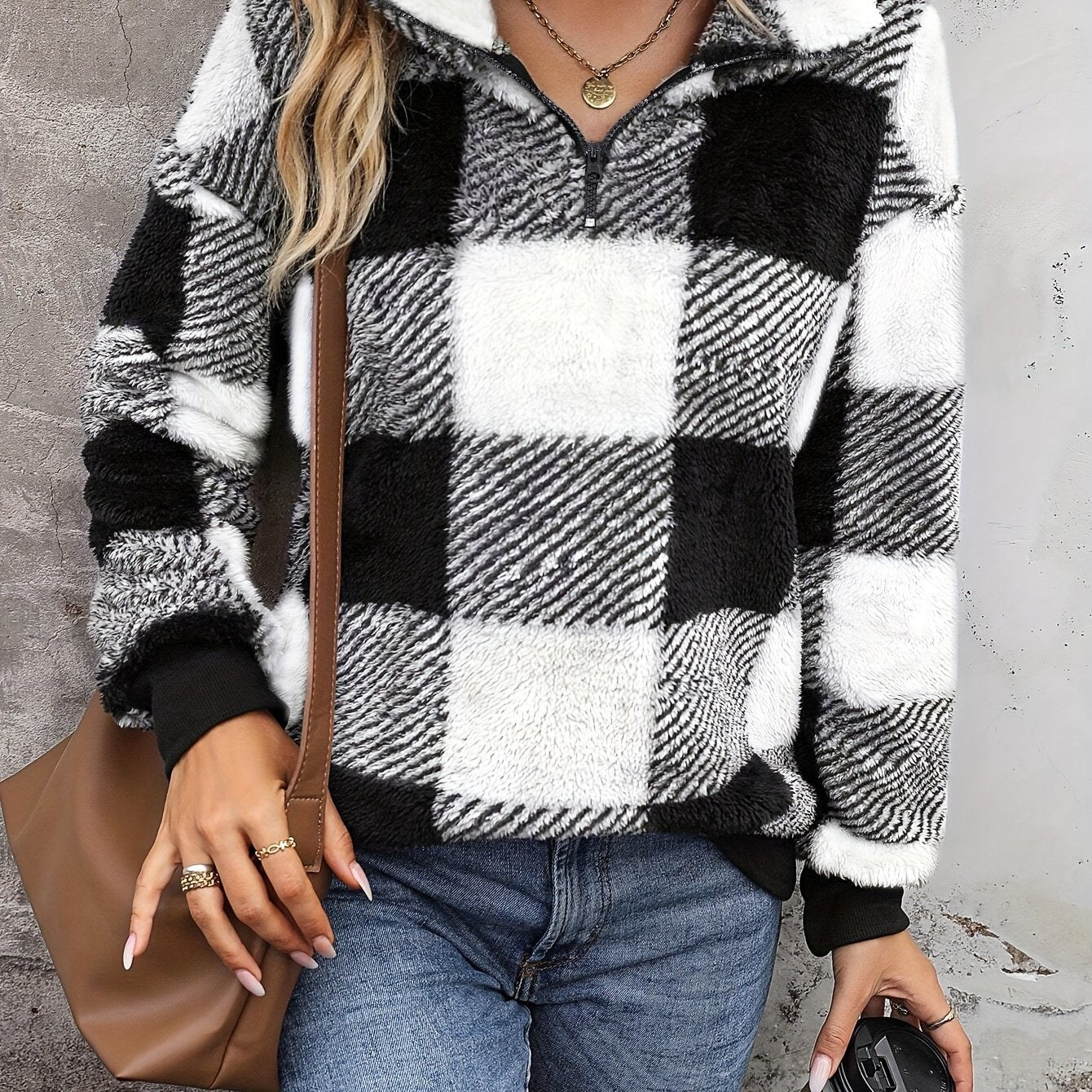Trendy geruite fleece pullover - warme en stijlvolle must-have voor herfst en winter! Ontdek het comfort en de luxe van deze katoenen mix. Shop nu! afbeelding 11