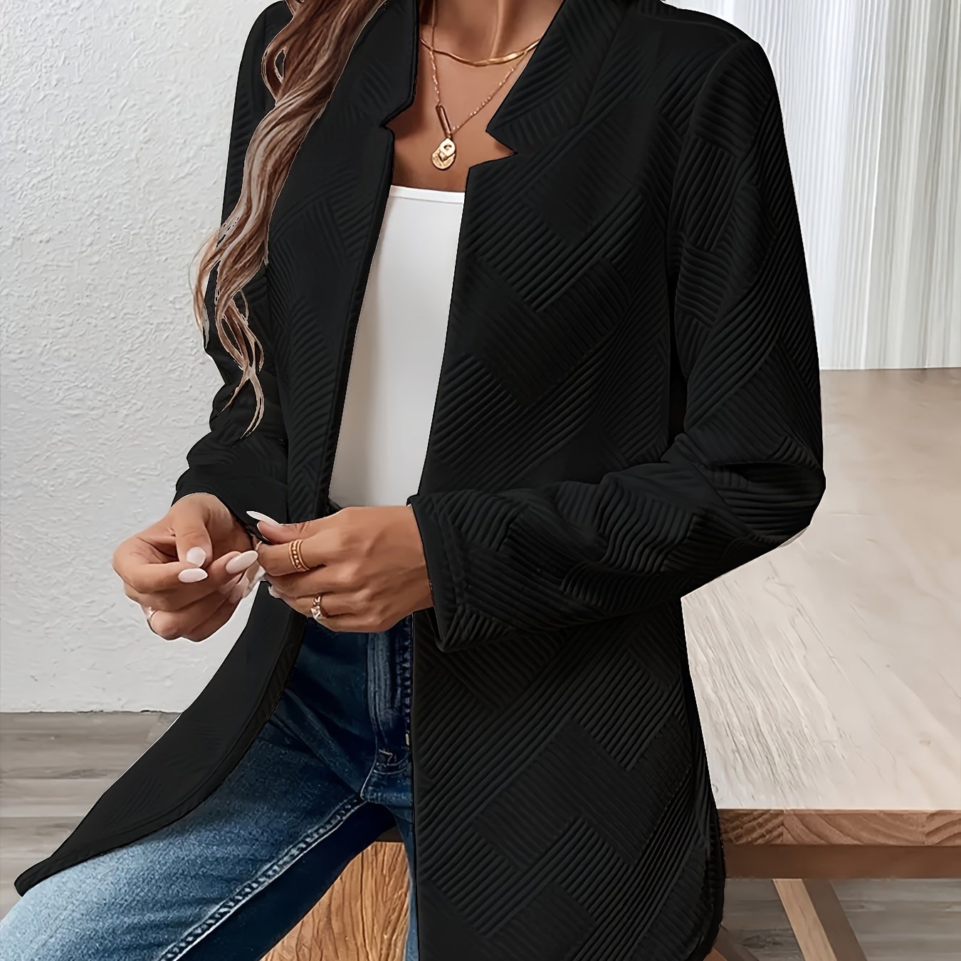 Trendy open front blazer van katoenmix: perfect voor lente & herfst! afbeelding 10