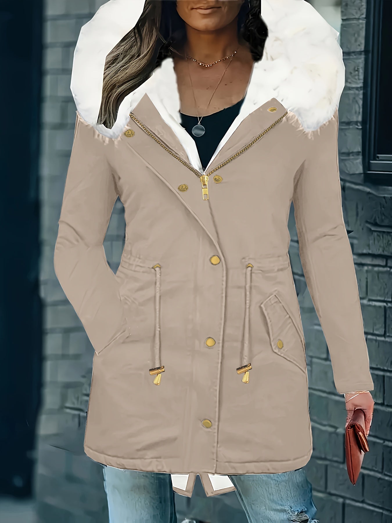 Stijlvolle en warme damesjas met capuchon en imitatiebont: perfect voor herfst en winter! Gemaakt van luxe katoenmix voor ultiem comfort. Shop nu! afbeelding 5