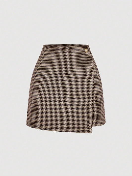 A-lijn minirok met pied-de-poule print en hoge taille voor casual feestgelegenheden dames-1