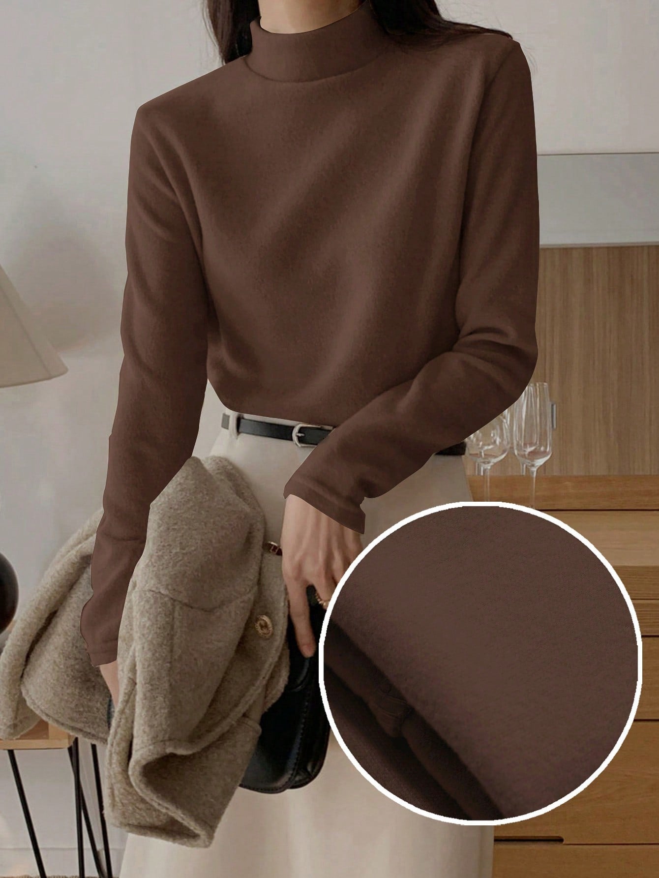 Effen t-shirt met lange mouwen en opstaande kraag in normale fit voor dames-61