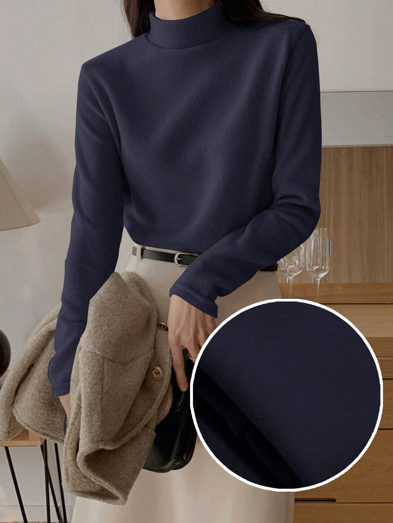 Effen t-shirt met lange mouwen en opstaande kraag in normale fit voor dames-66