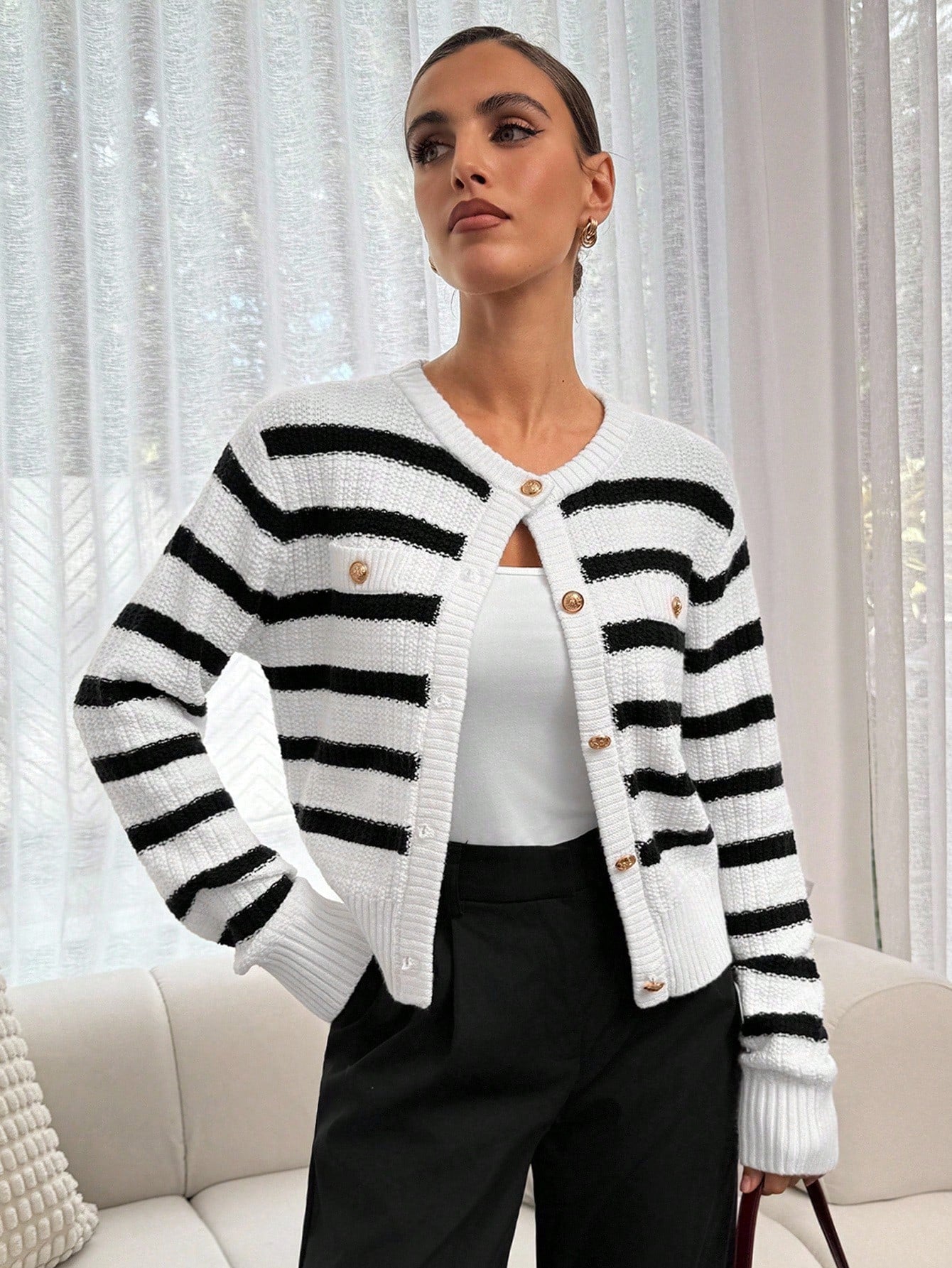 Korte cardigan met ronde hals en lange mouwen in casual stijl voor dames, ideaal voor lente en herfst-1