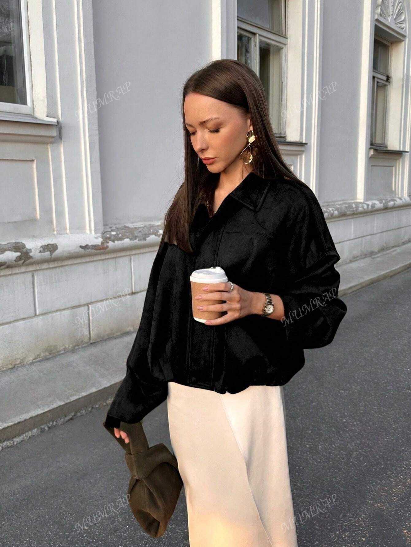 Losse jas met turndown kraag en oversized mouwen voor dames-36