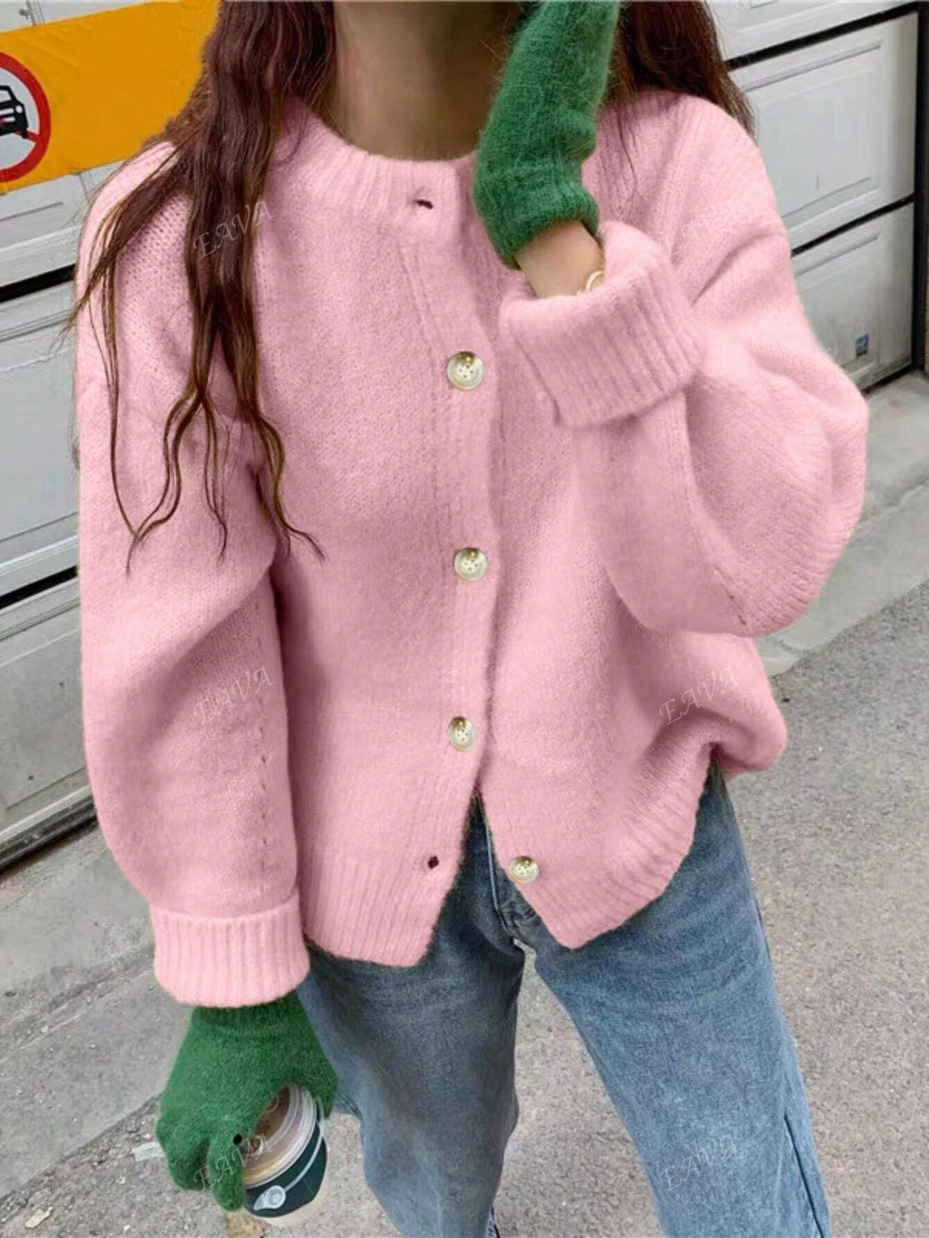 Oversized cardigan met knopen en ronde halslijn voor dagelijks gebruik, herfst, dames-11