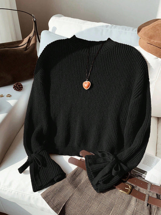 Oversized gebreide trui met strikdetails en geribbelde textuur voor dagelijks gebruik, dames-1